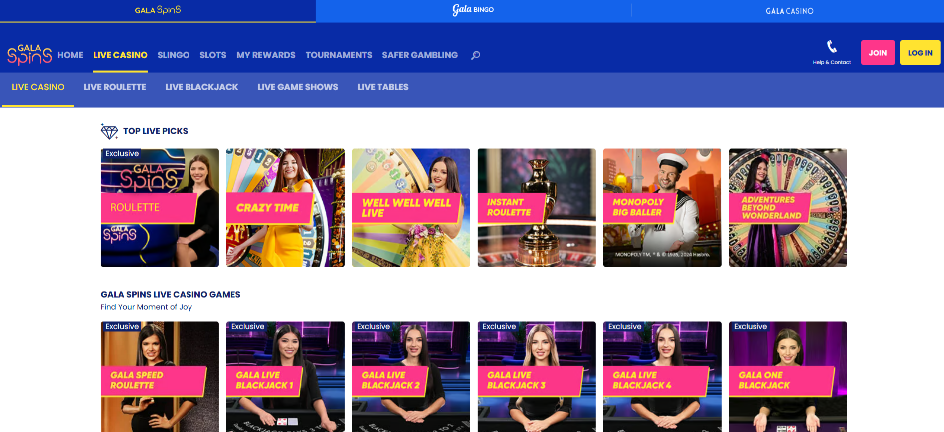 Gala Spins Live Casino Page