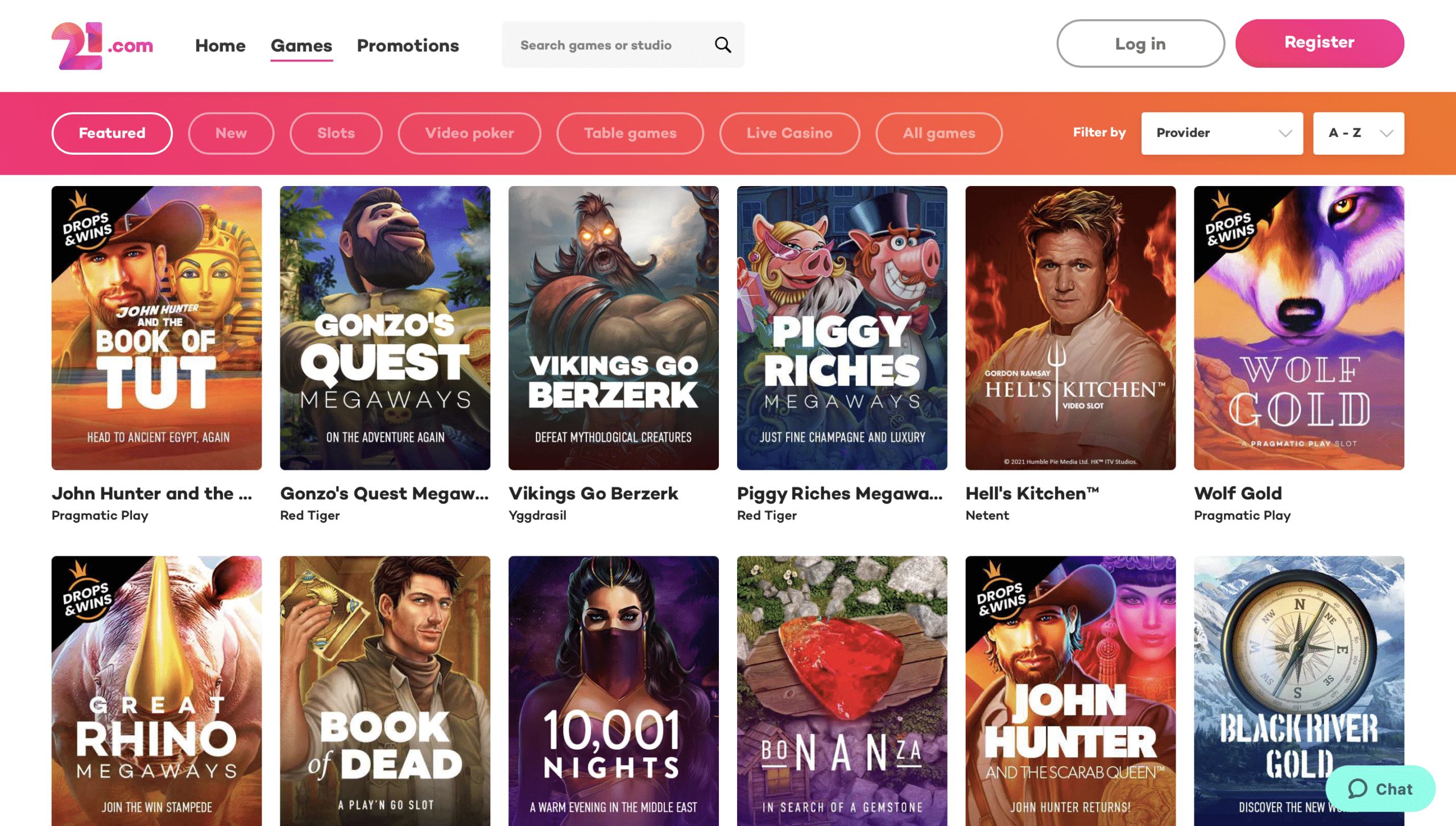 21.com Game Selection