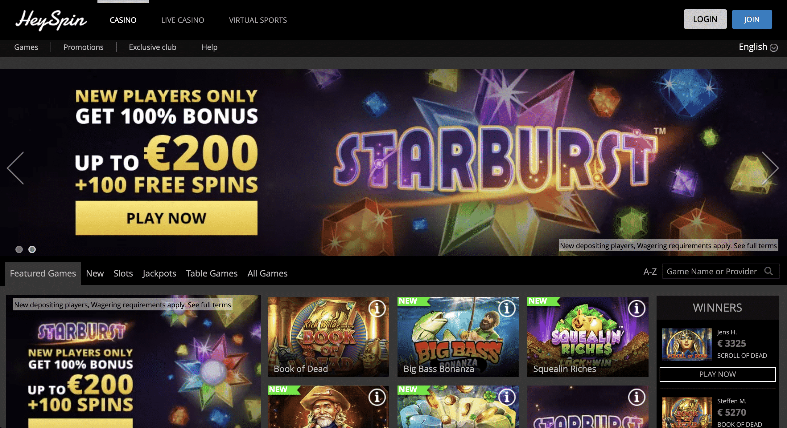 HeySpin Casino Homepage