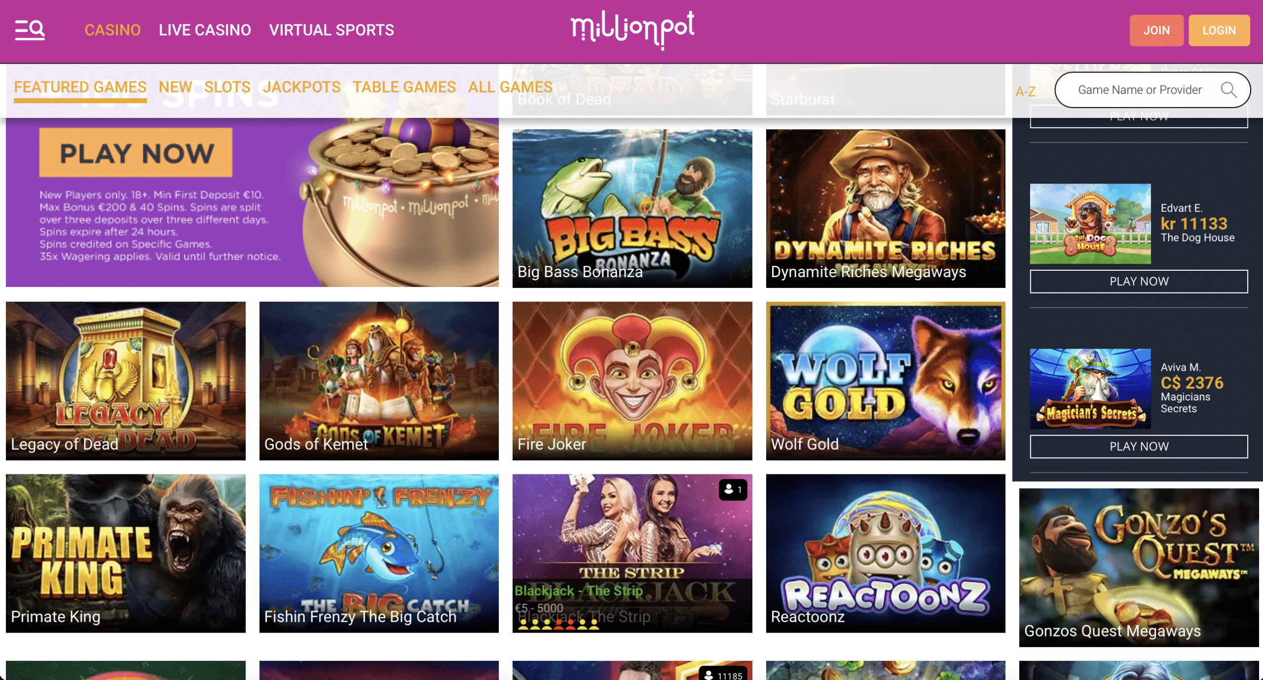 Millionpot Game Selection