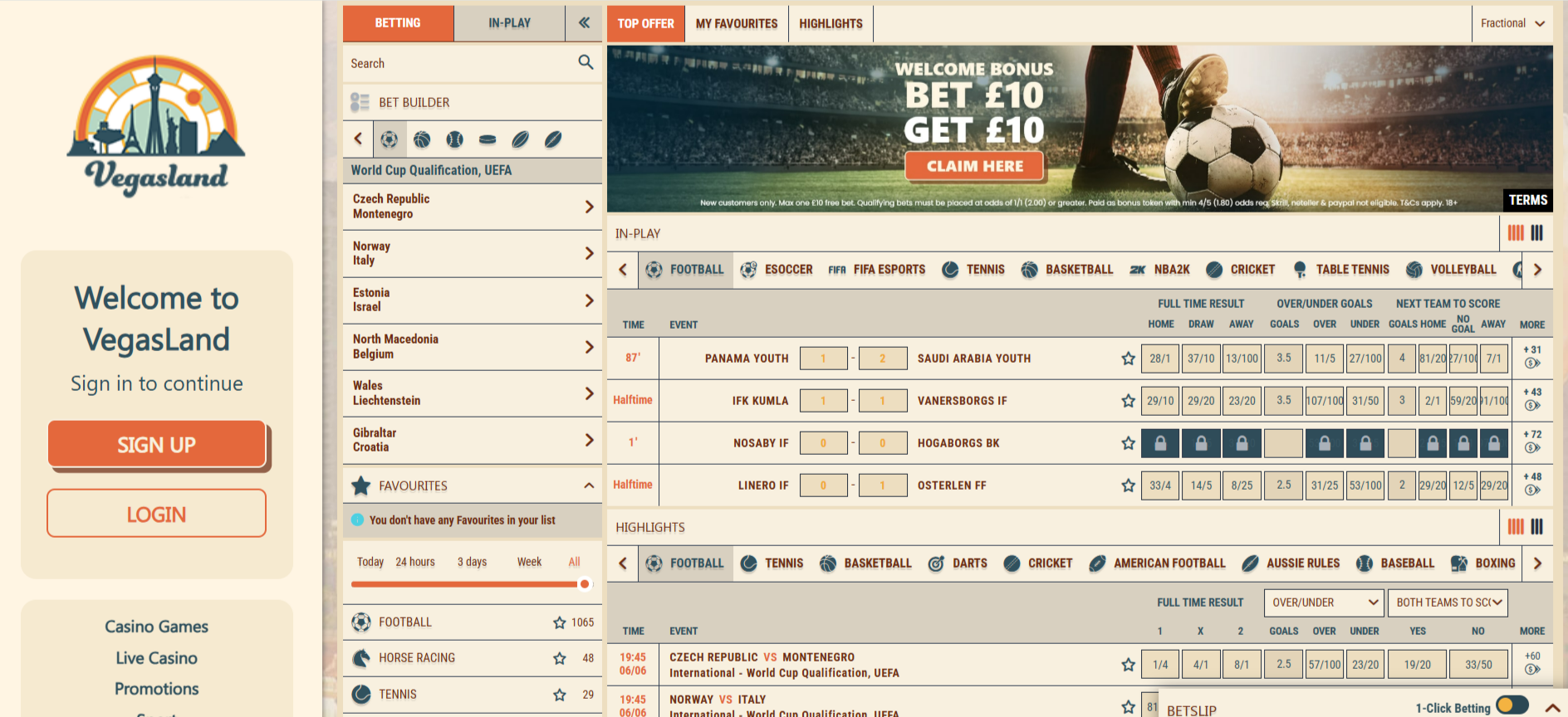 Vegasland Sportsbook Page