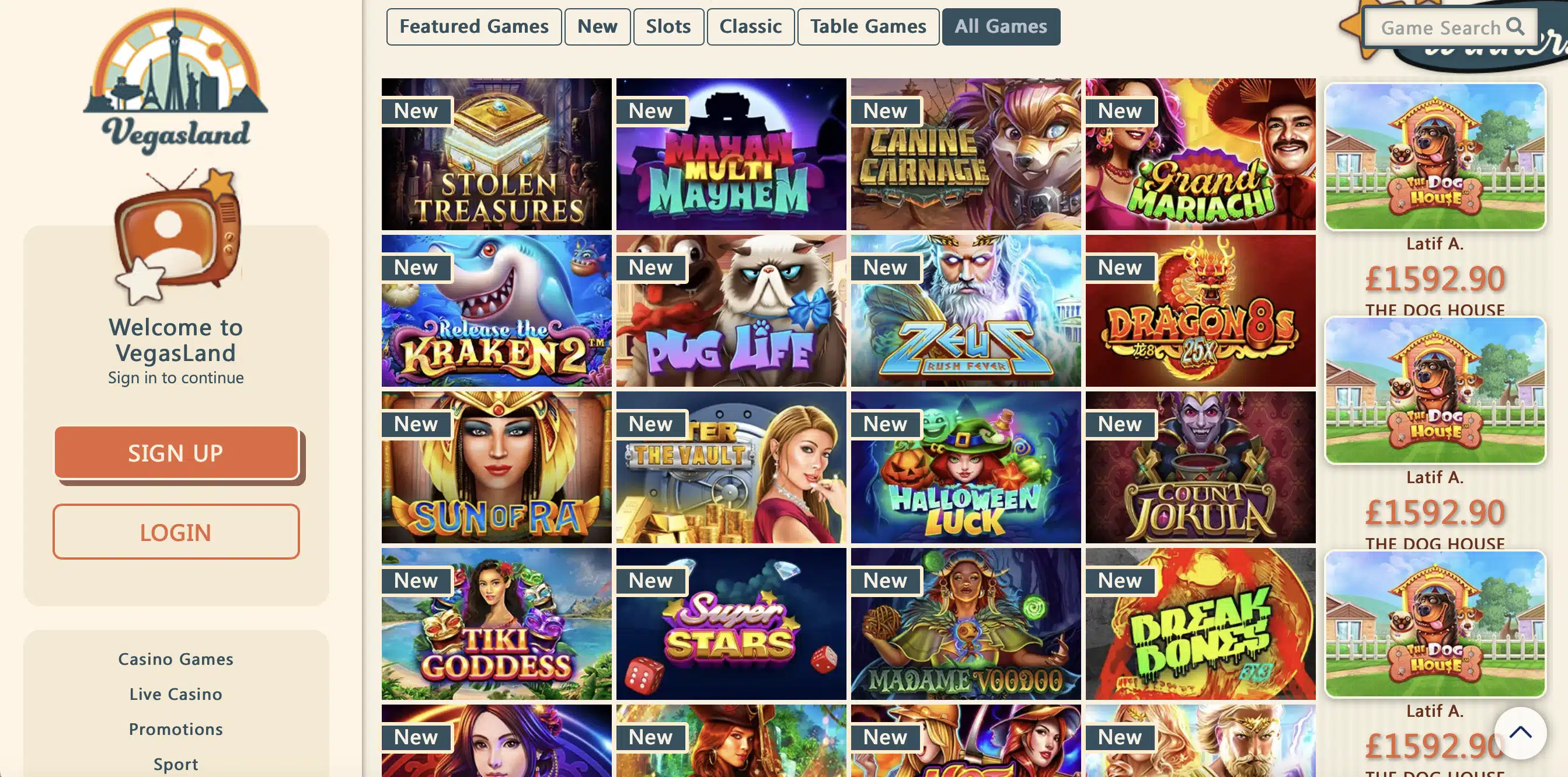 VegasLand Game Selection
