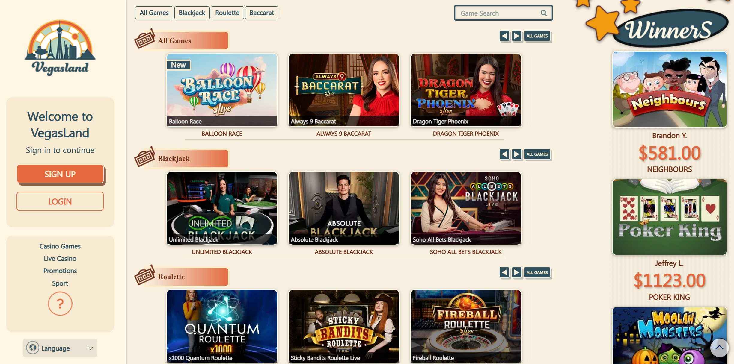 VegasLand Live Casino