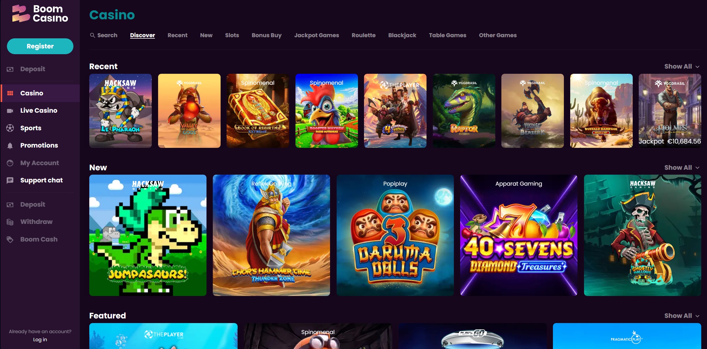 Boom Casino Homepage