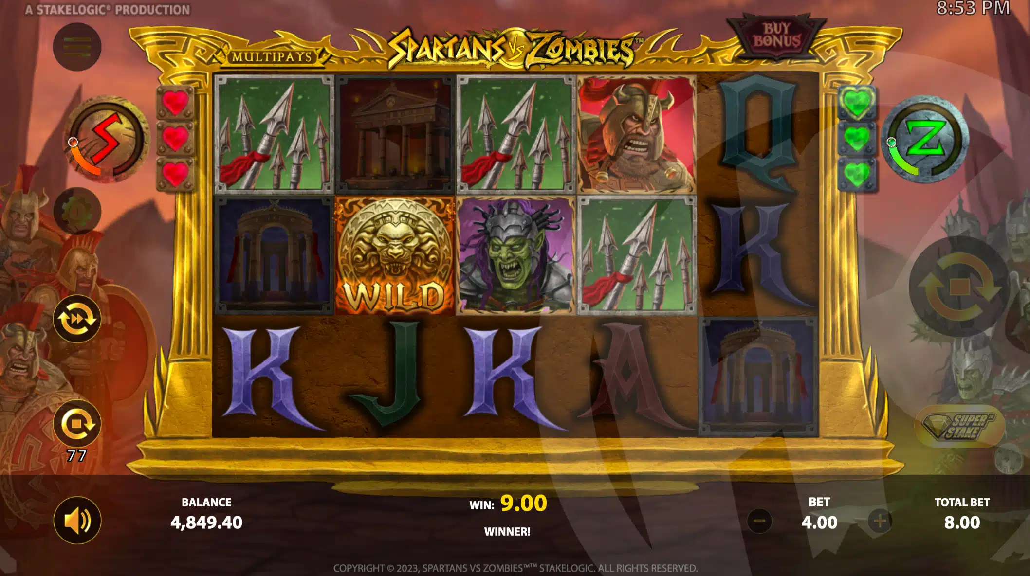 Land Zombie or Spartan Symbols to Advance Meters and Progress Towards Free Spins