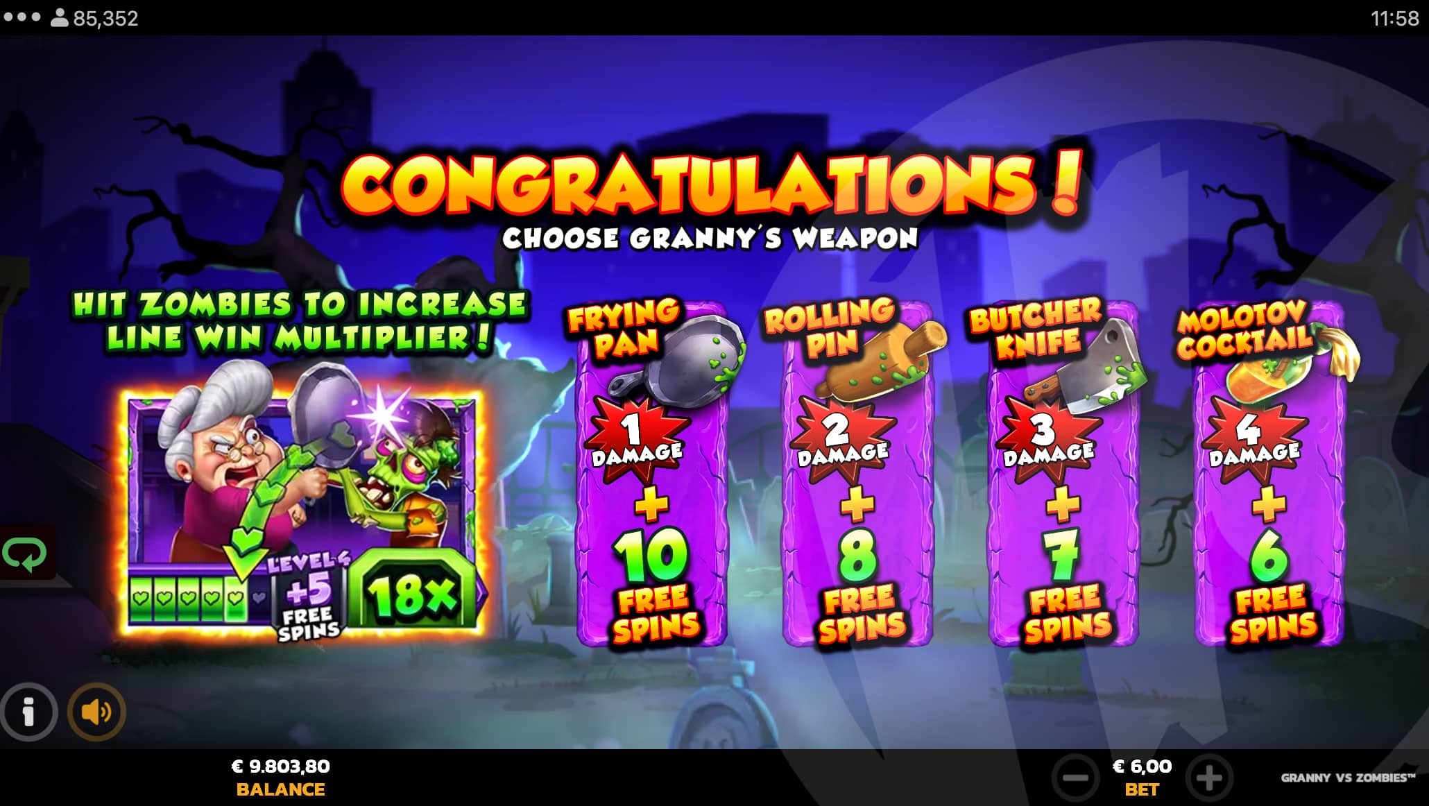 Choose One of Four Weapons to Determine Starting Spins and Damage Points in Free Spins