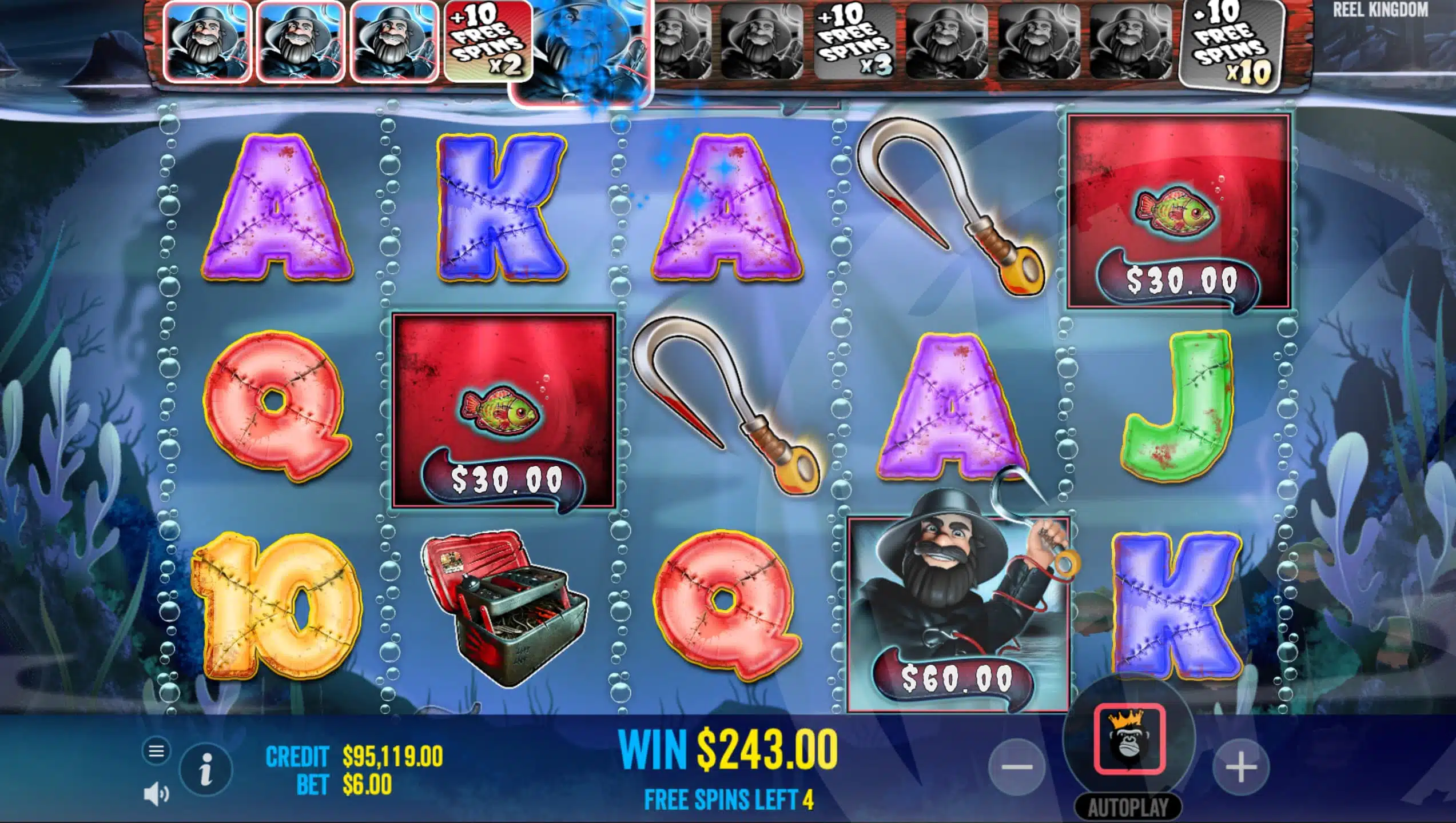 Wild Fisherman Symbols Collect Fish Money Symbol Values and Advance the Meter During Free Spins