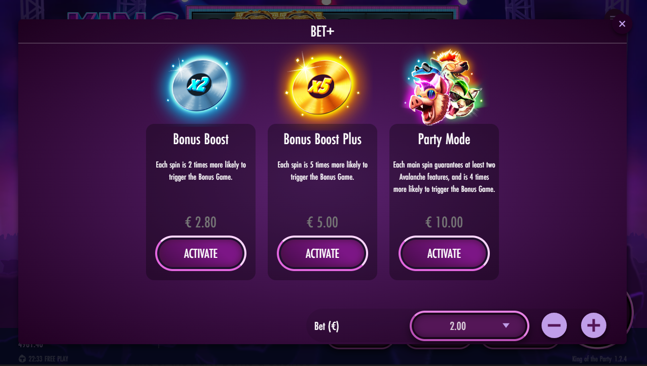 King Of The Party features 3 "Bet+" boosts, where available, to increase chances of landing the bonus