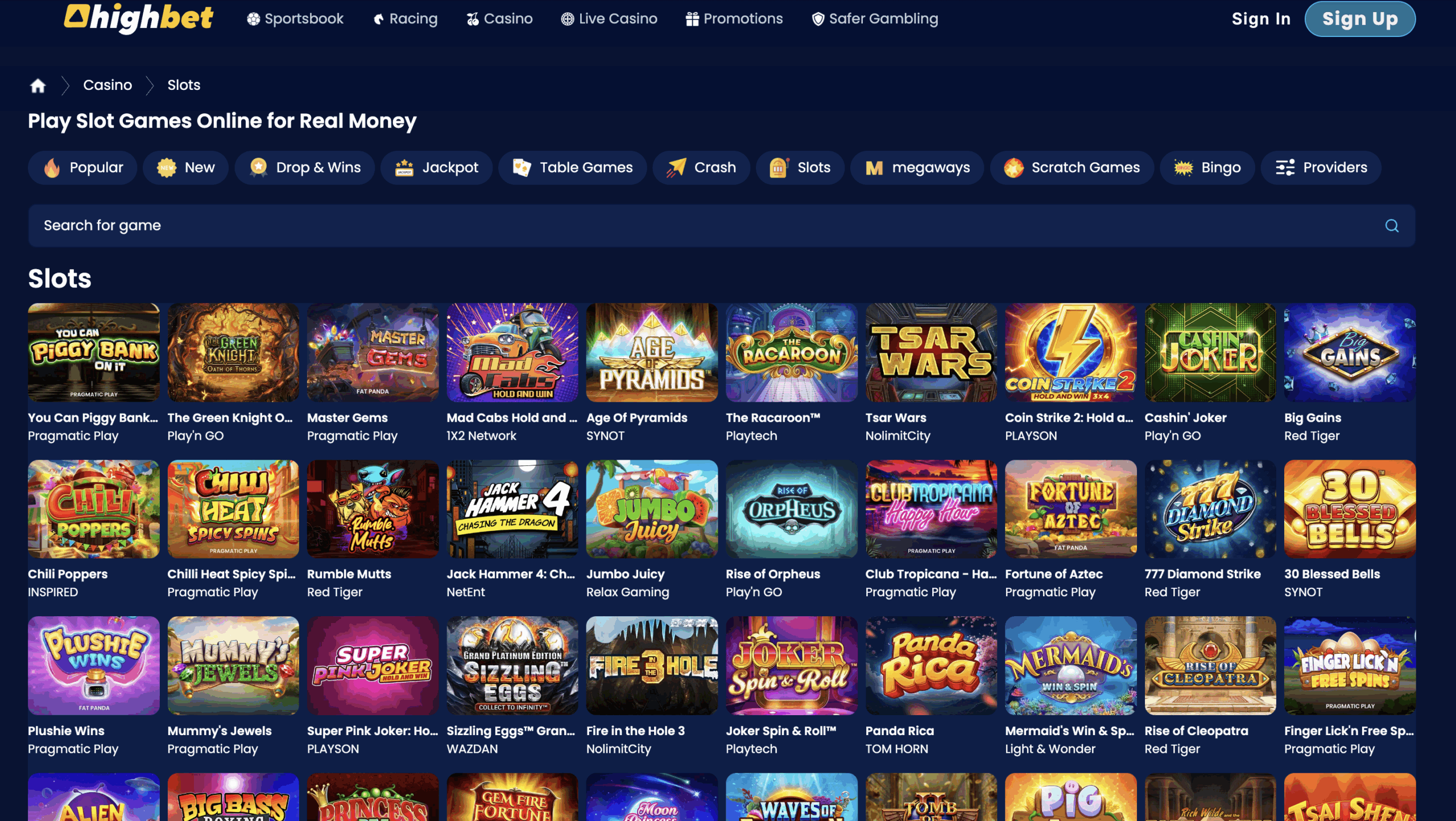 Highbet Slot Selection