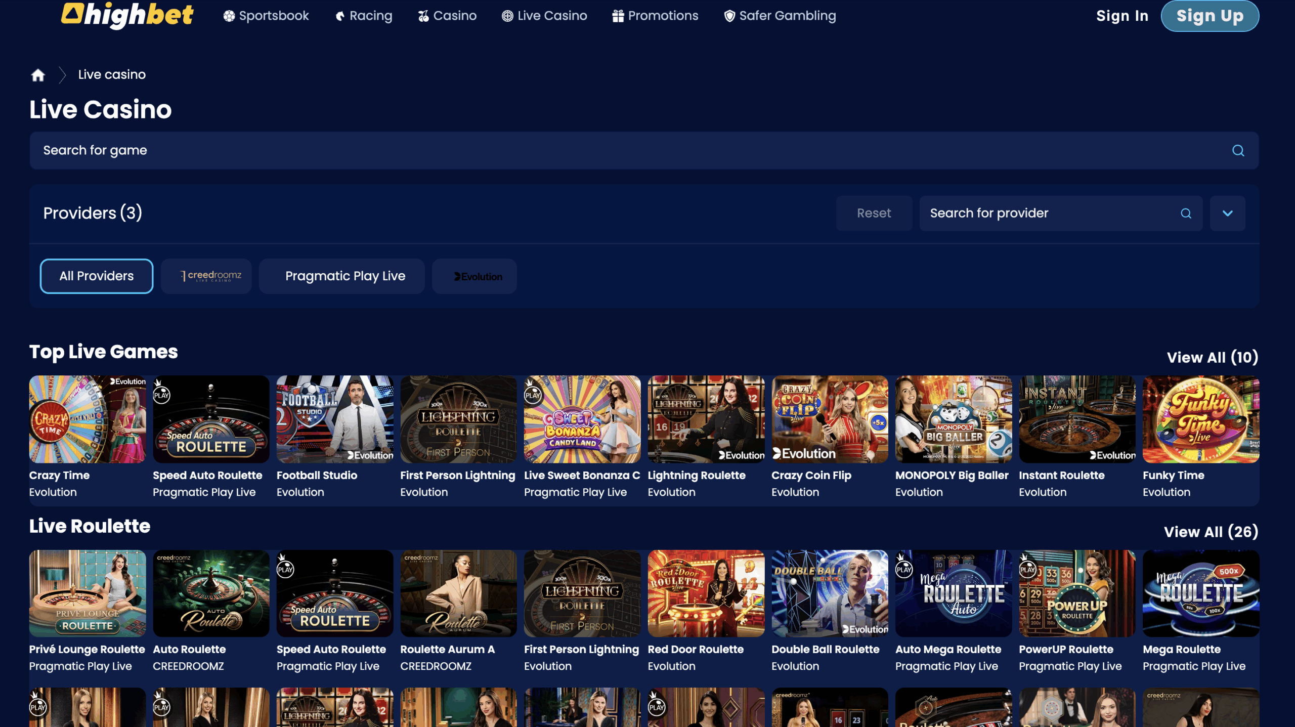Highbet offer an excellent array of live casino games