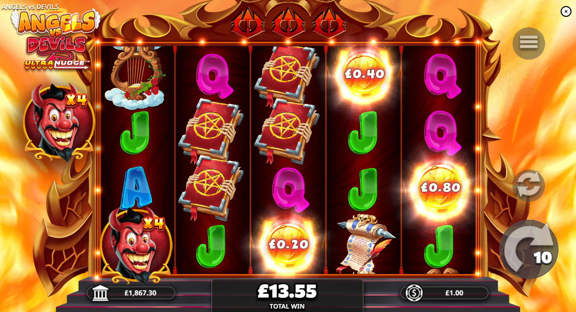 The Devil's Cash Feature sees any landed Devil Symbol collect cash values on screen before nudging down.  Every collection sequence will increase the Devil Multiplier by 1