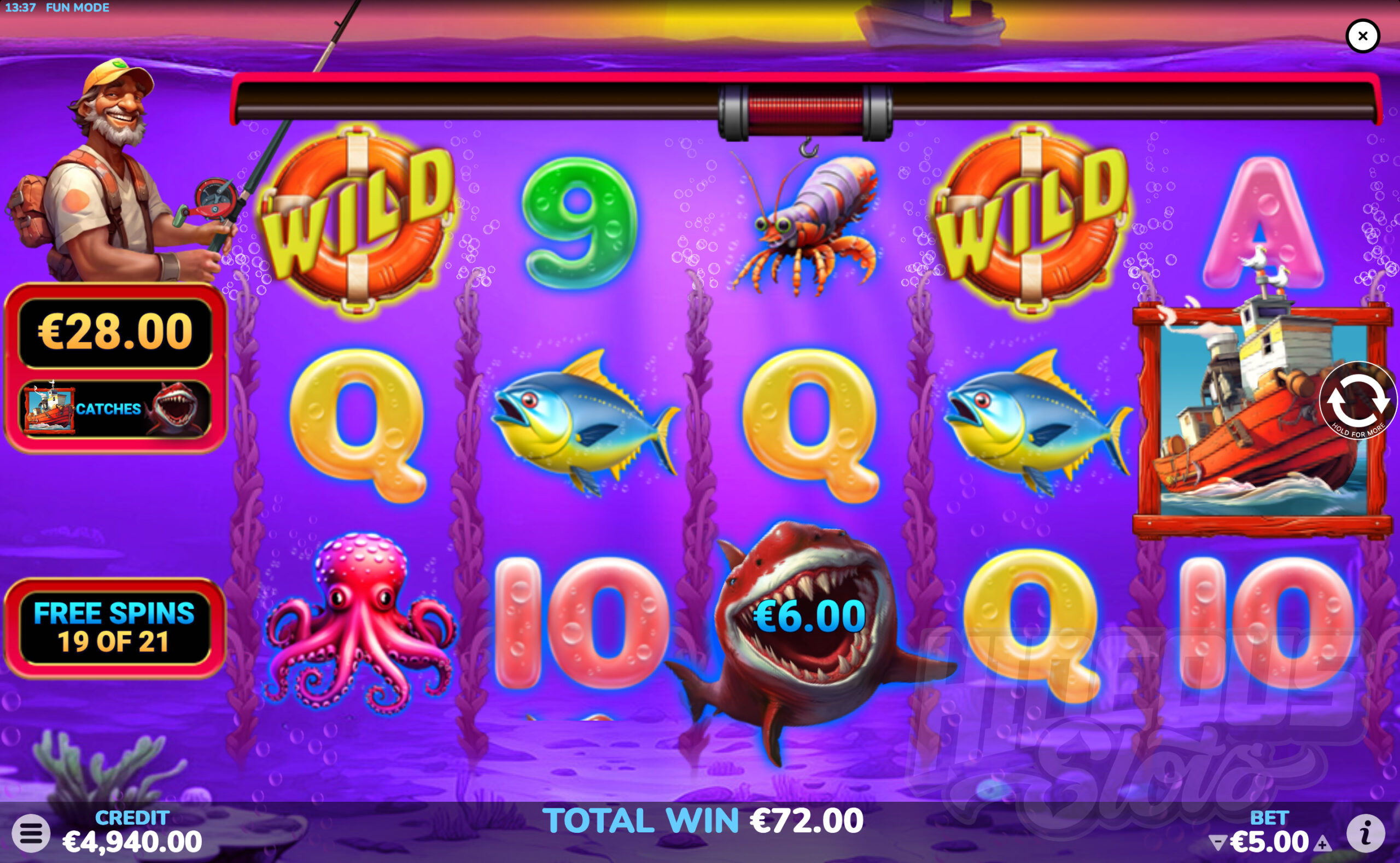 Land Boat Symbols to Collect the Cash Values Attached to Shark Symbols During the Free Spins Feature