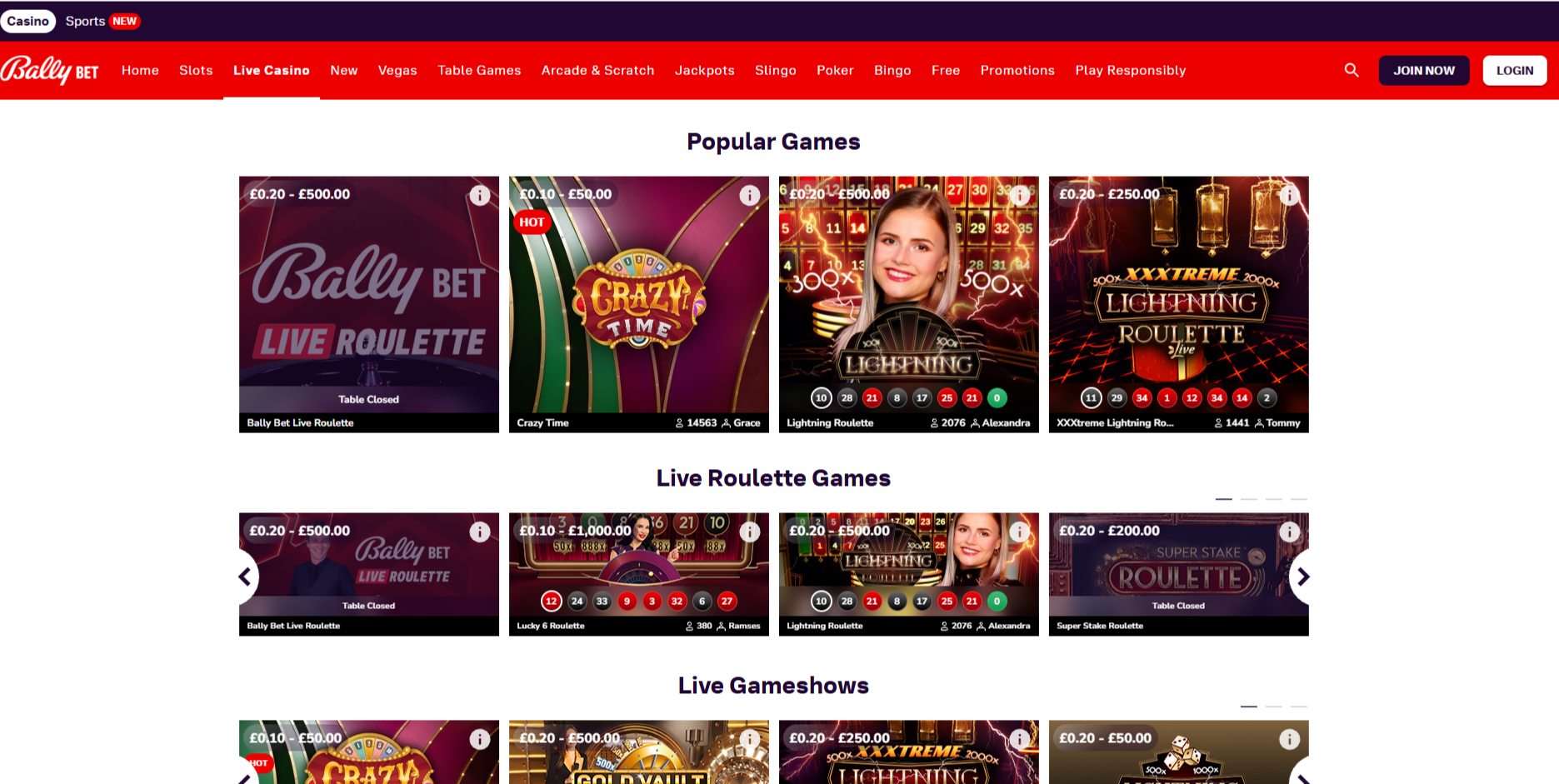 Bally Bet Live Casino Page