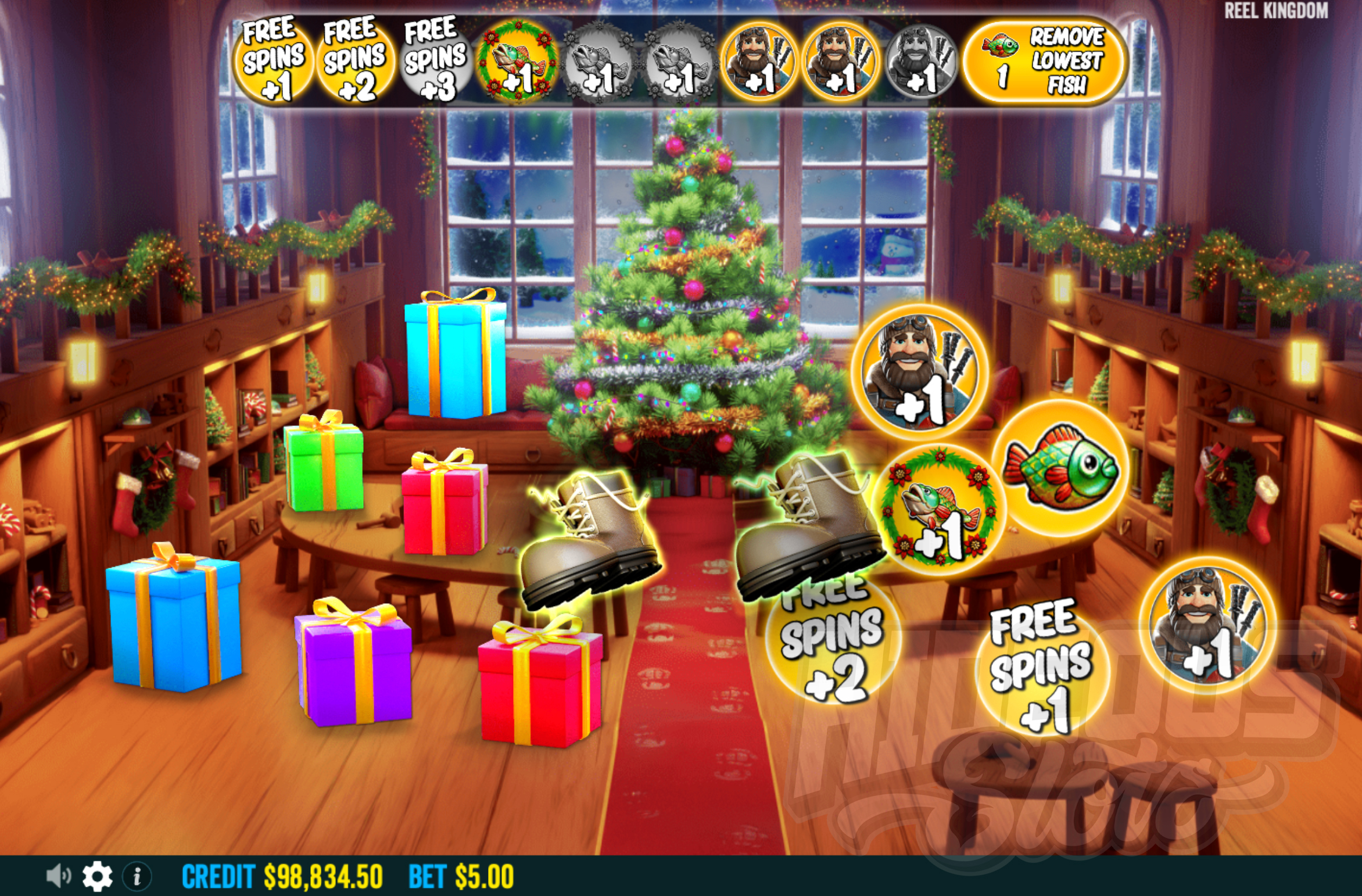 Pick Presents Until a Boot is Revealed, With Revealed Modifiers Awarded During Free Spins