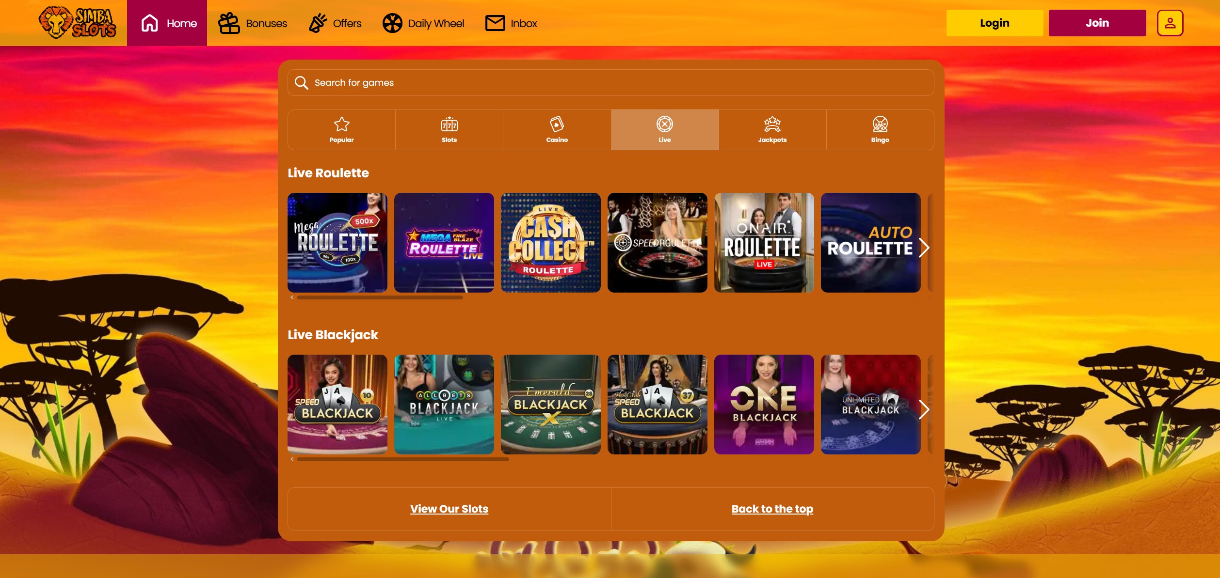 Simba Slots Live Casino