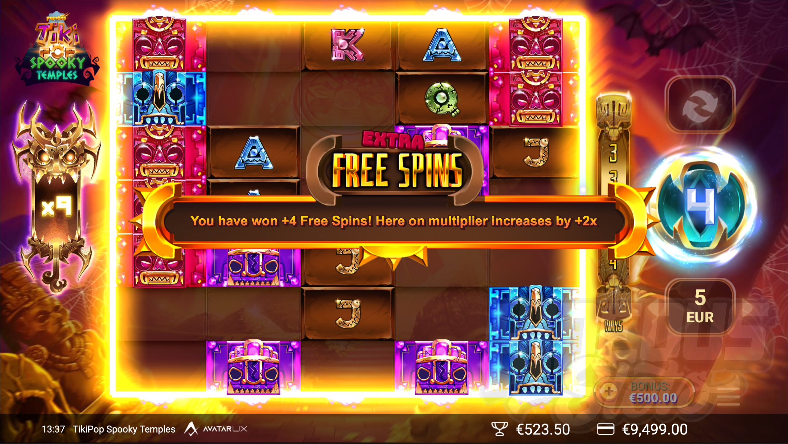 Increasing all Reels to 7 Symbols High During Free Spins Will Award Additional Spins and Increase the Multiplier on Subsequent Wins by +2