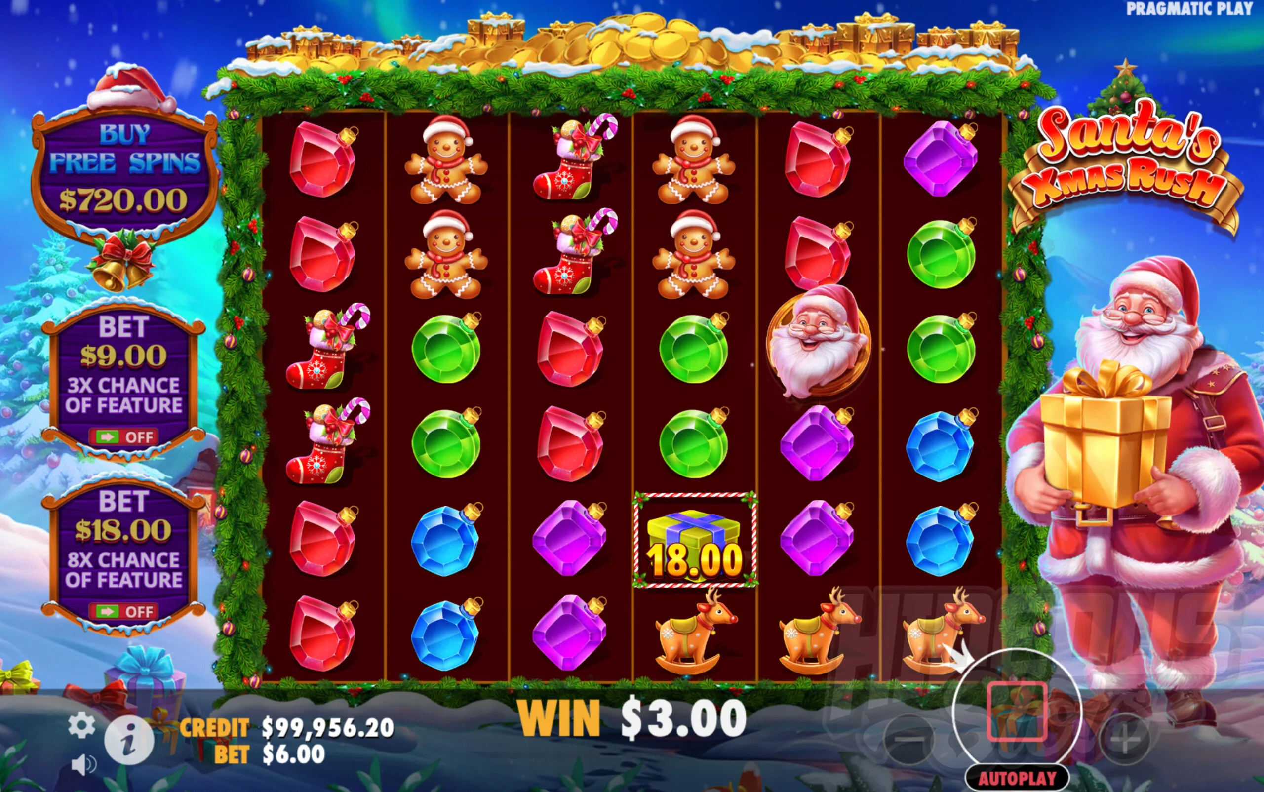 During the Xmas Rush Feature Marked Positions Reveal Direct Money Awards up to 2,500x Bet or a Respin Prize