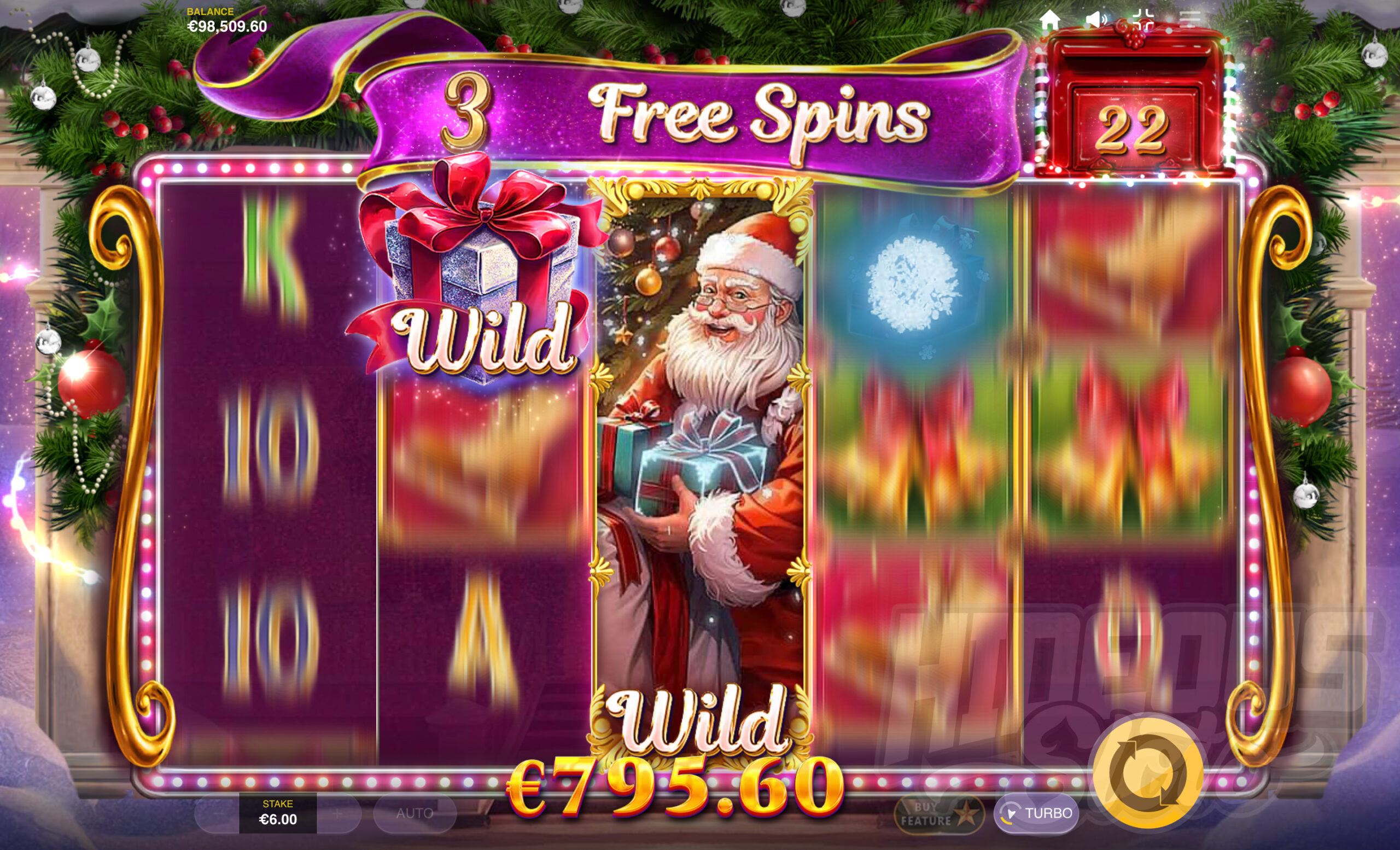 Santa Stays on the Middle Reel During Free Spins, Adding Christmas Present Wilds onto the Reels