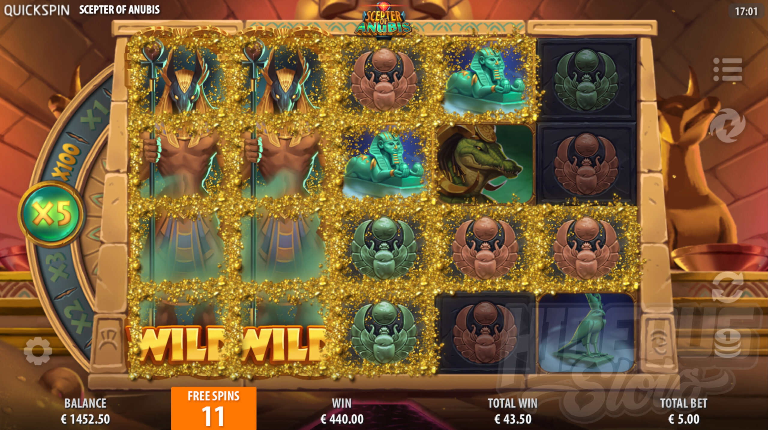 During Super Free Spins, Each Time a New Anubis Wild Covers a Reel, a Win Multiplier is Activated For The Spin and Subsequent Respin