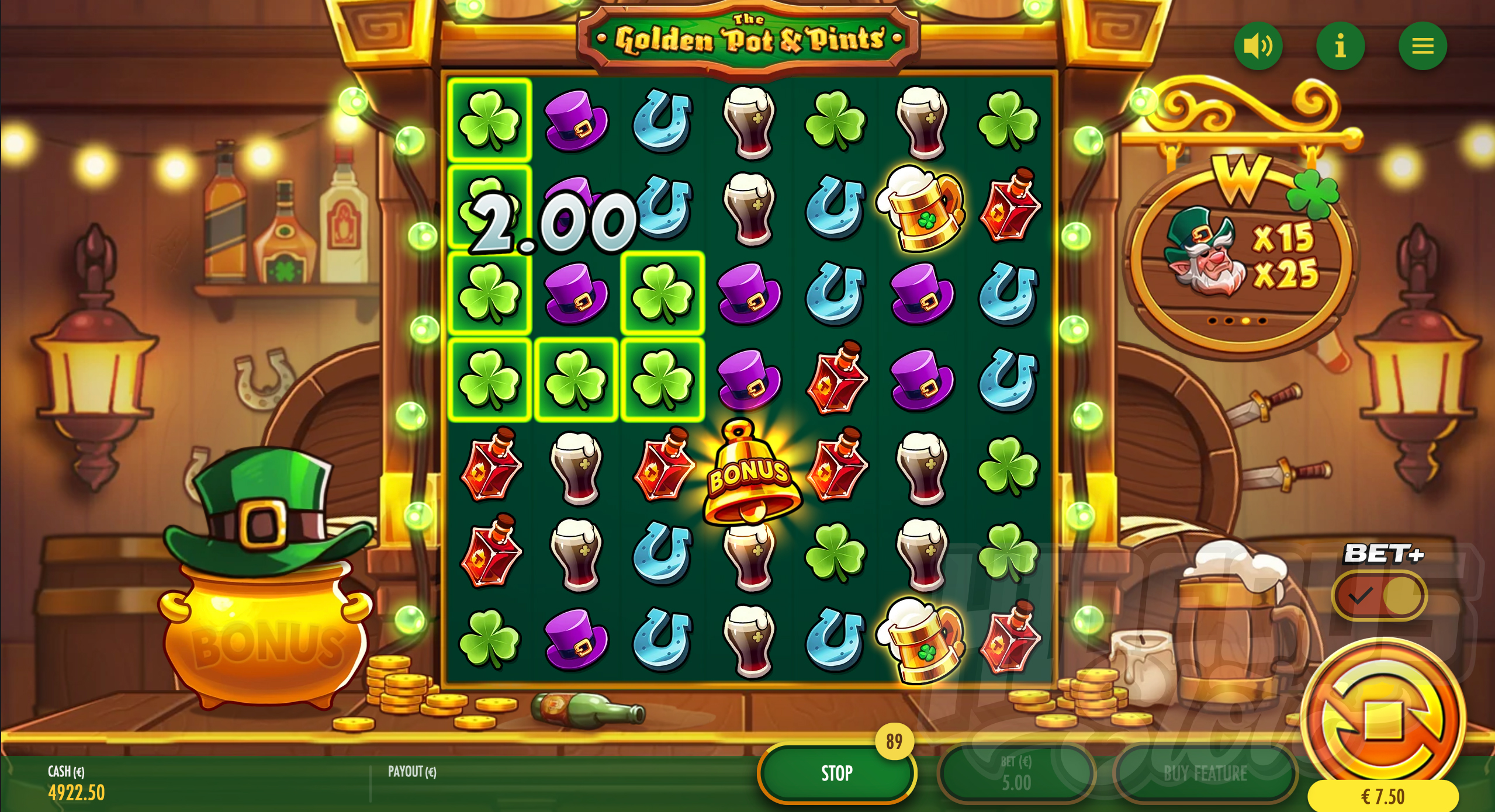 Land Clusters of 5 or More Matching Symbols Touching Horizontally or Vertically to Form Winning Combinations