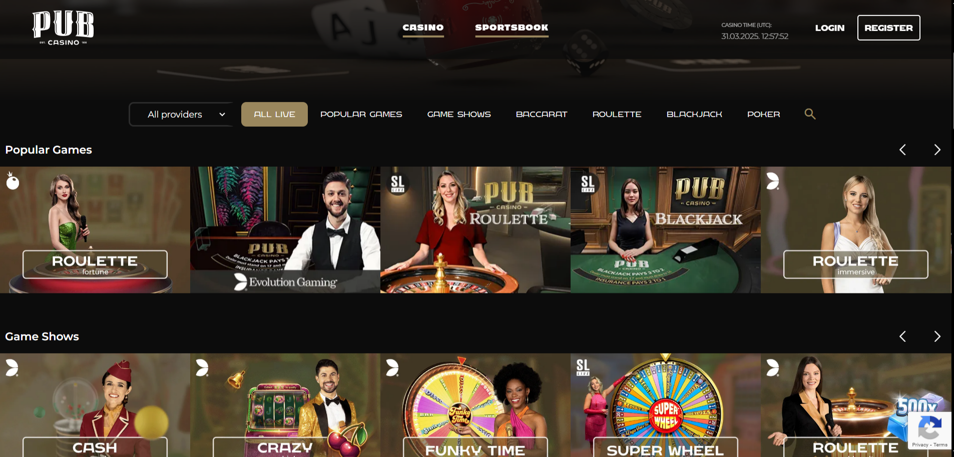 Pub Casino Live Casino Page