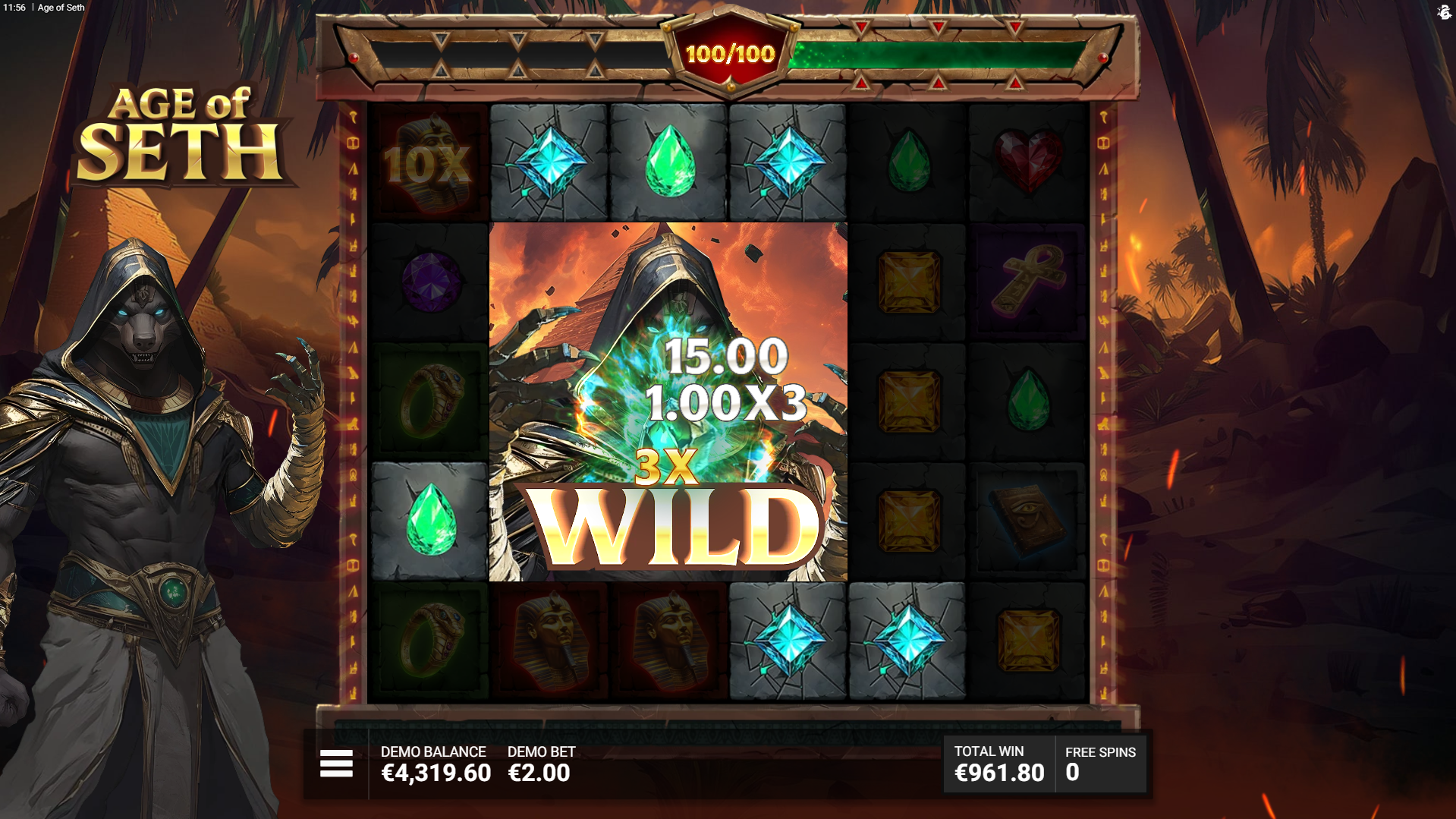 Collect 100 symbols during the Free Spin to trigger the Seth Big Wild feature