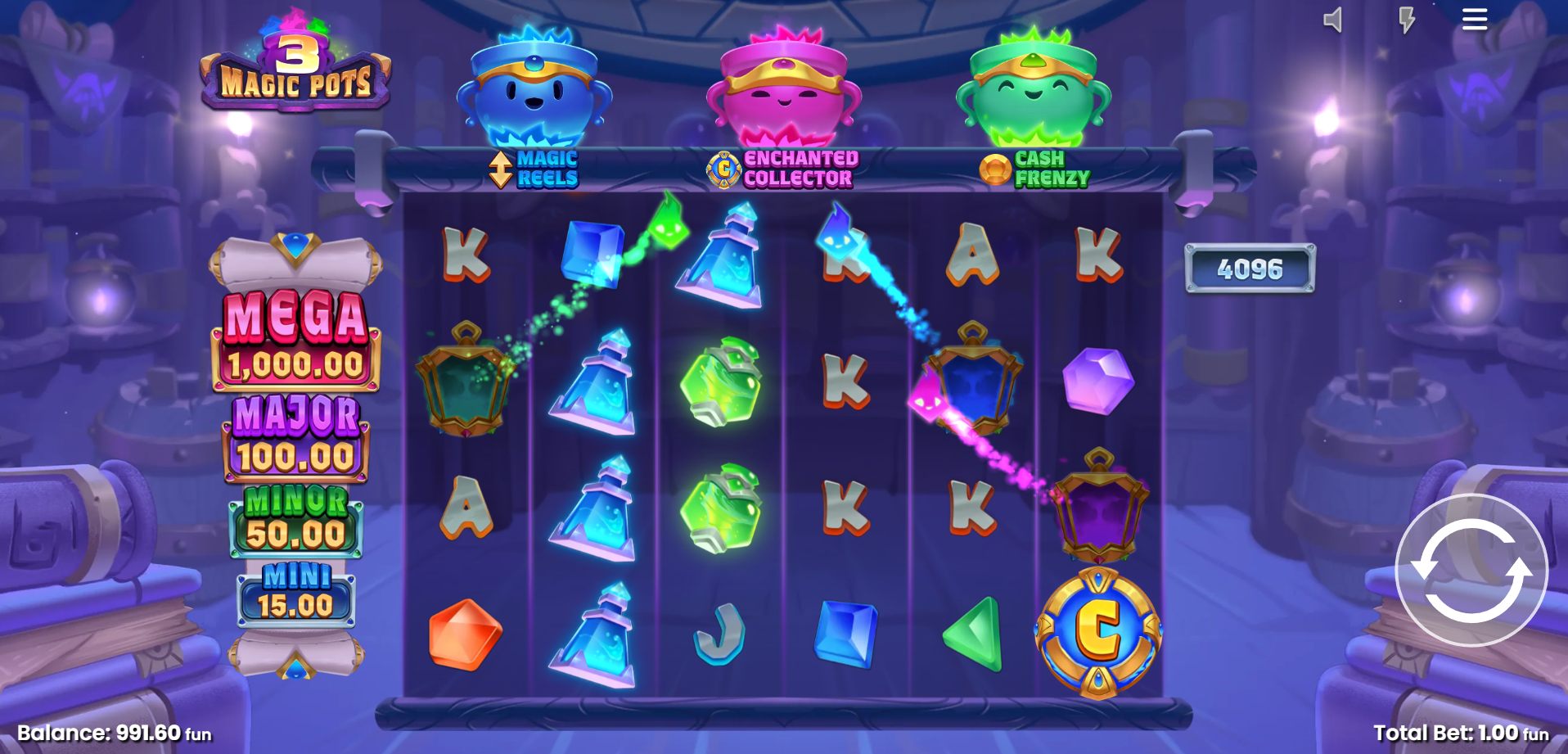 Landing Token symbols sees the Magic Pots collect and grow, randomly triggering a Free Spins feature