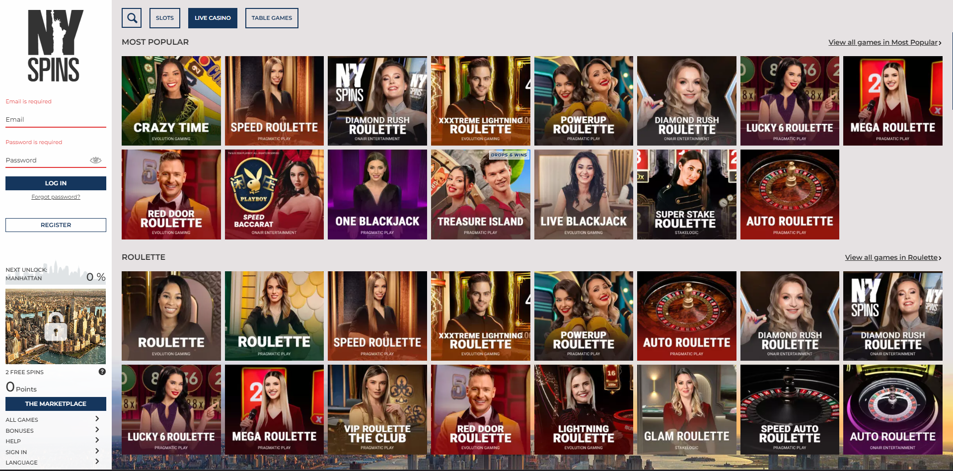 NYSpins Live Casino