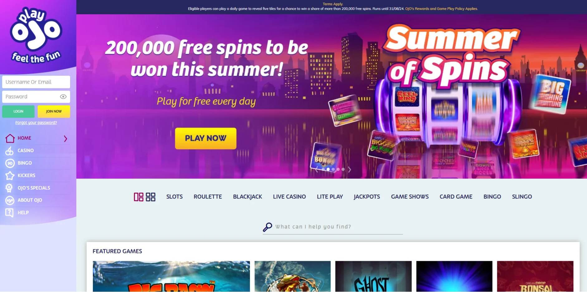 PlayOJO Homepage