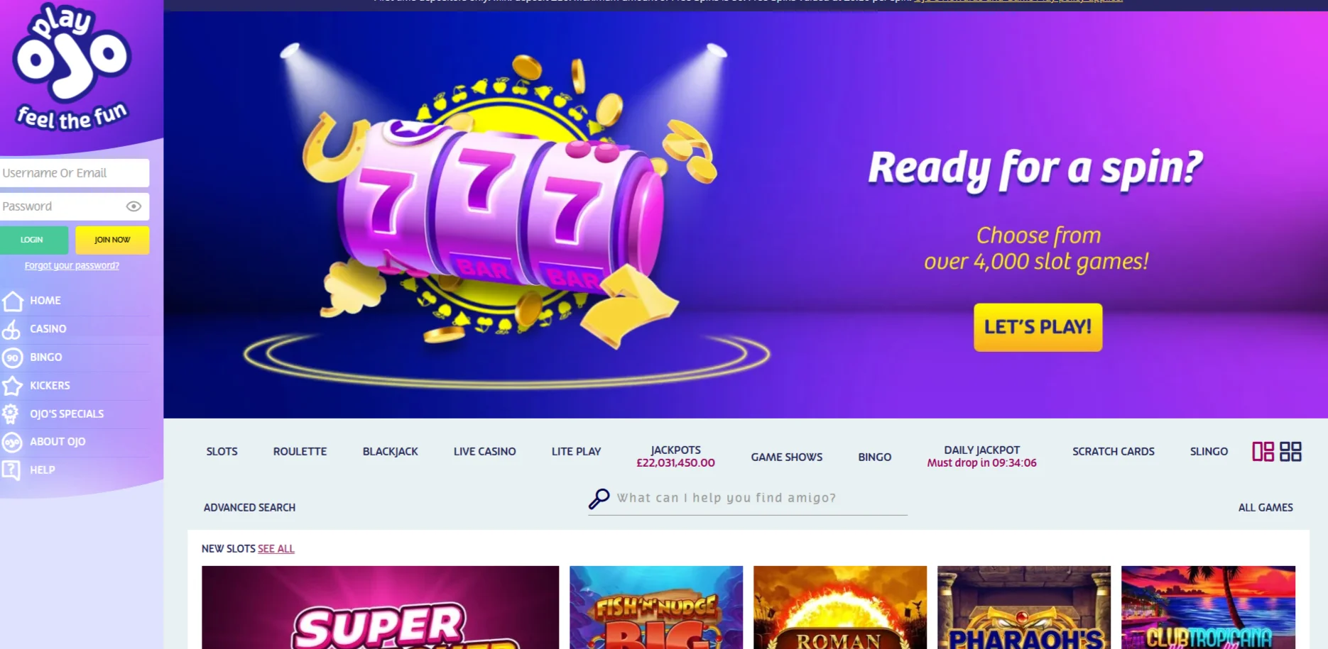 PlayOJO Slot Selection
