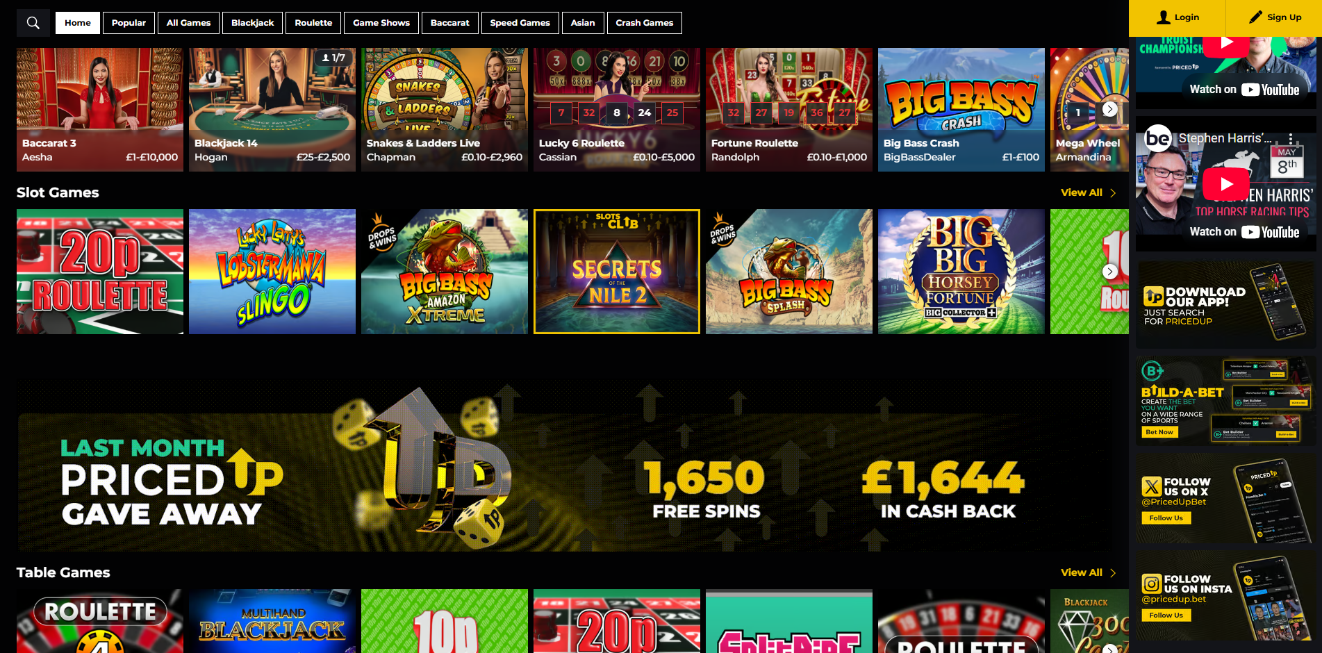 PricedUp Bet Live Casino and Table Games