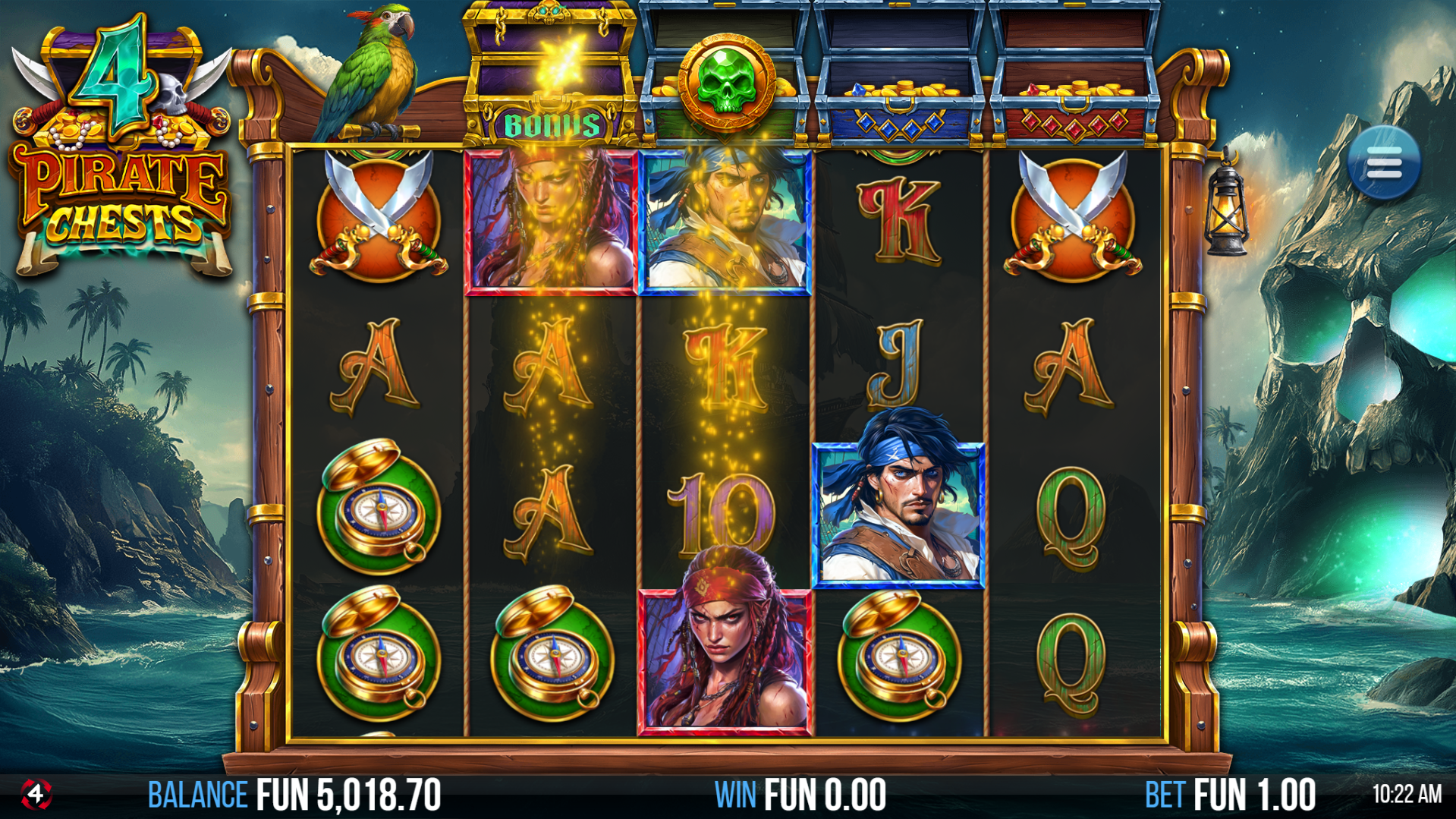 Collect Skull coins into the Treasure Chests above the reels for mystery symbols and free spins