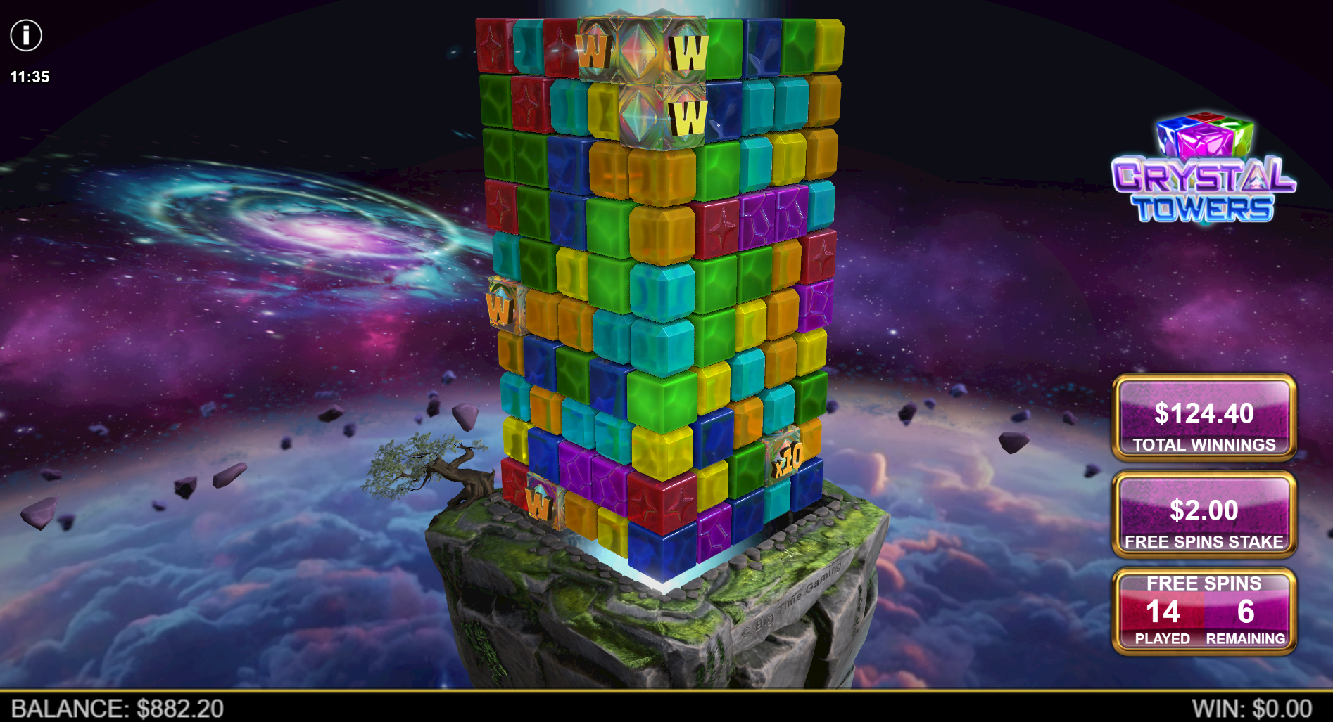During free spins, the Tower expands up to 10 rows high with additional Wilds for more winning clusters