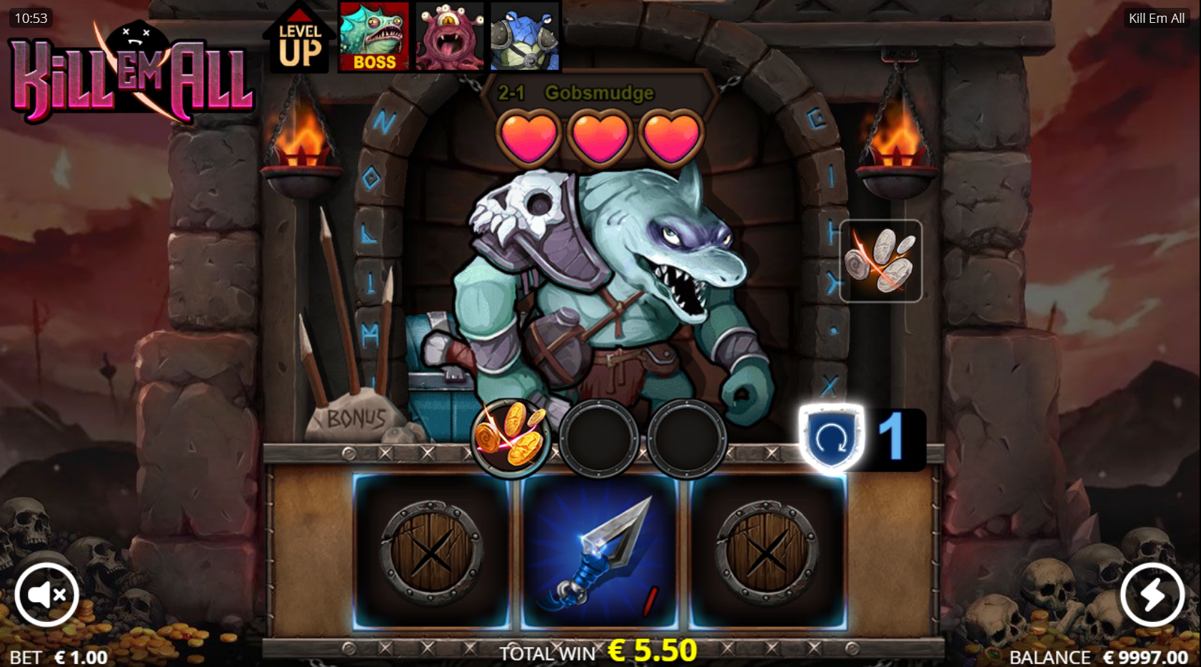 Land Weapon symbols to deal damage to enemies and activate Respins