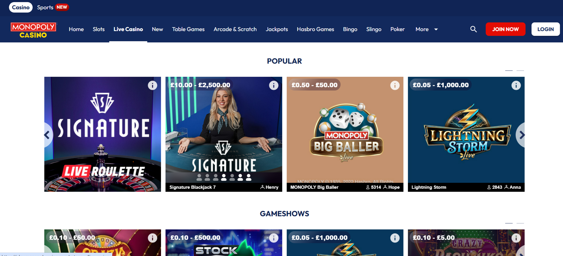 Monopoly Casino Live Casino Page