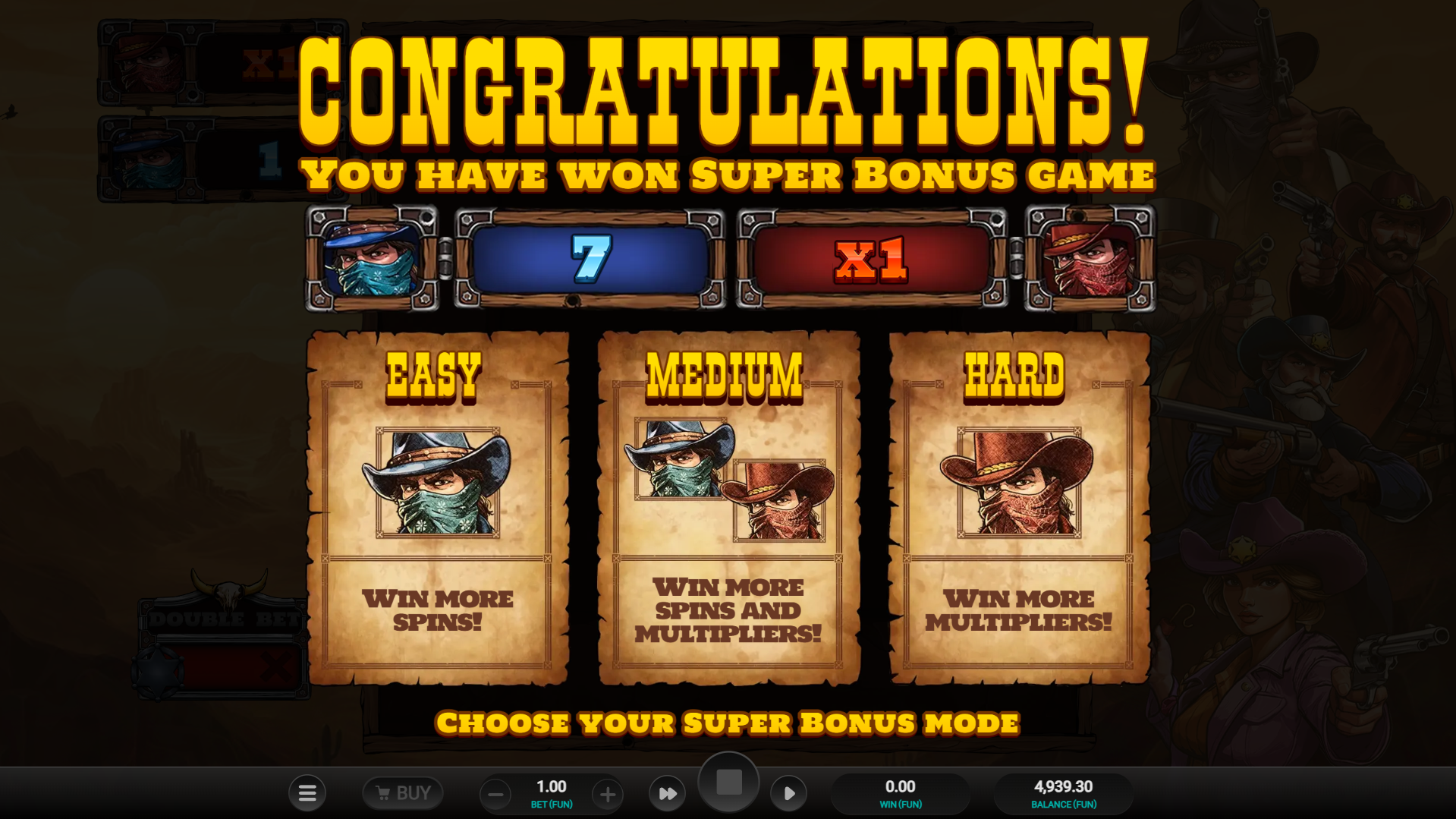 Destroying all Bandit Symbols Triggers the Free Spins Bonus and a Choice of Difficulty Level