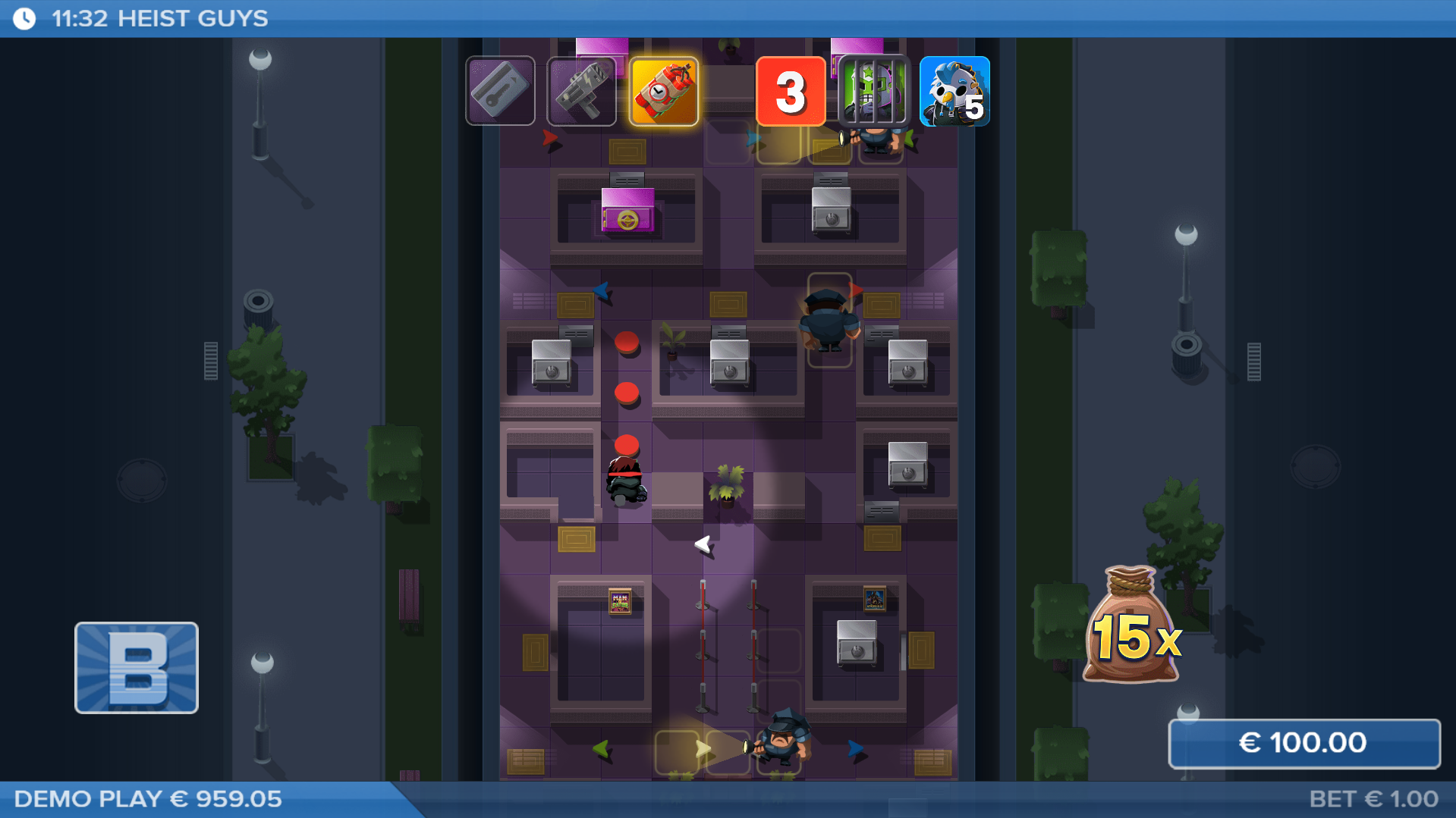 Follow a pathway towards the Vault, collecting safe values and enhancers to help along the way...but avoid the guards at all costs!