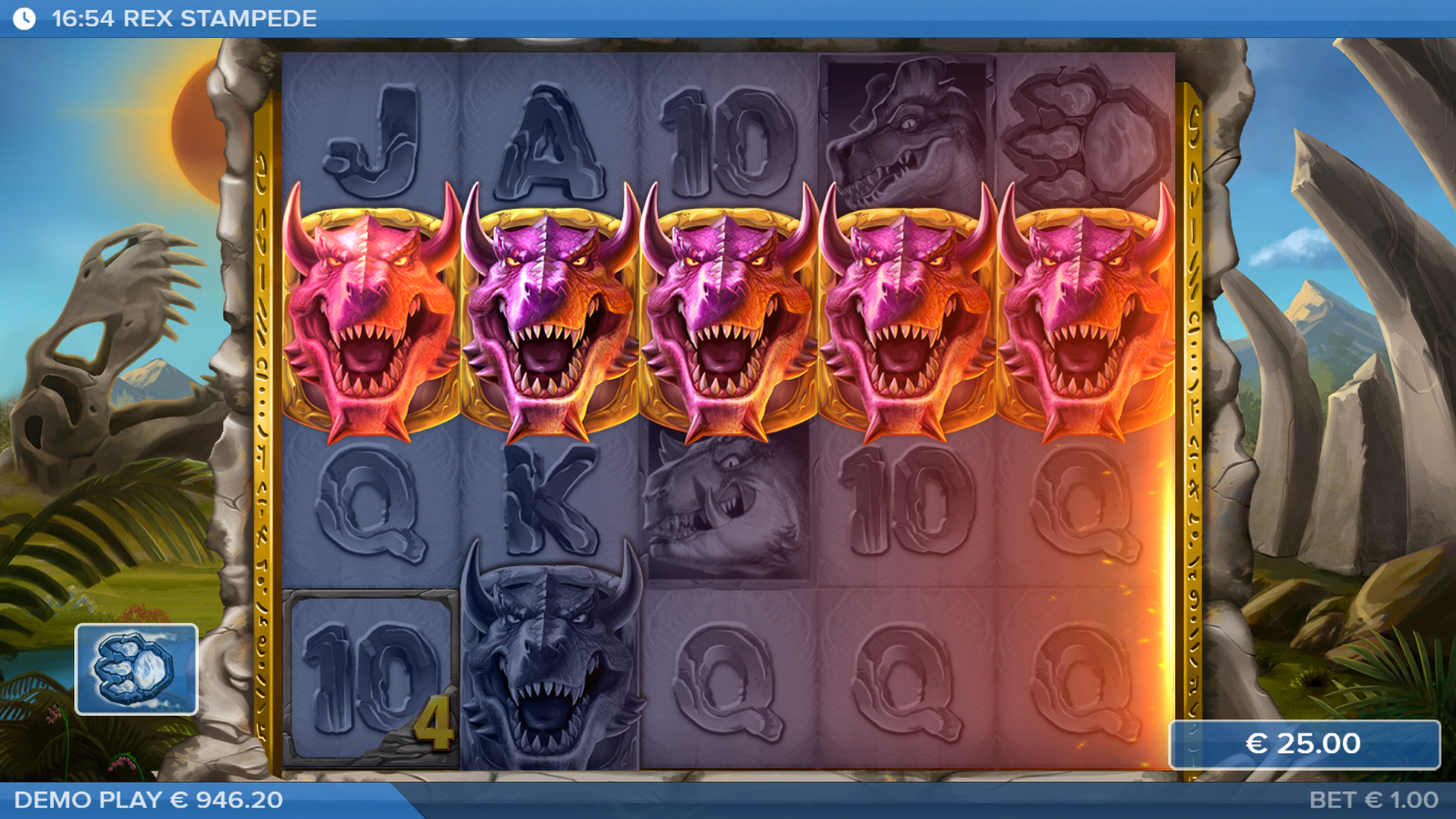 Trigger the Stampede Feature and see Pay Symbols Transform to T-Rex Symbols for Bigger Wins