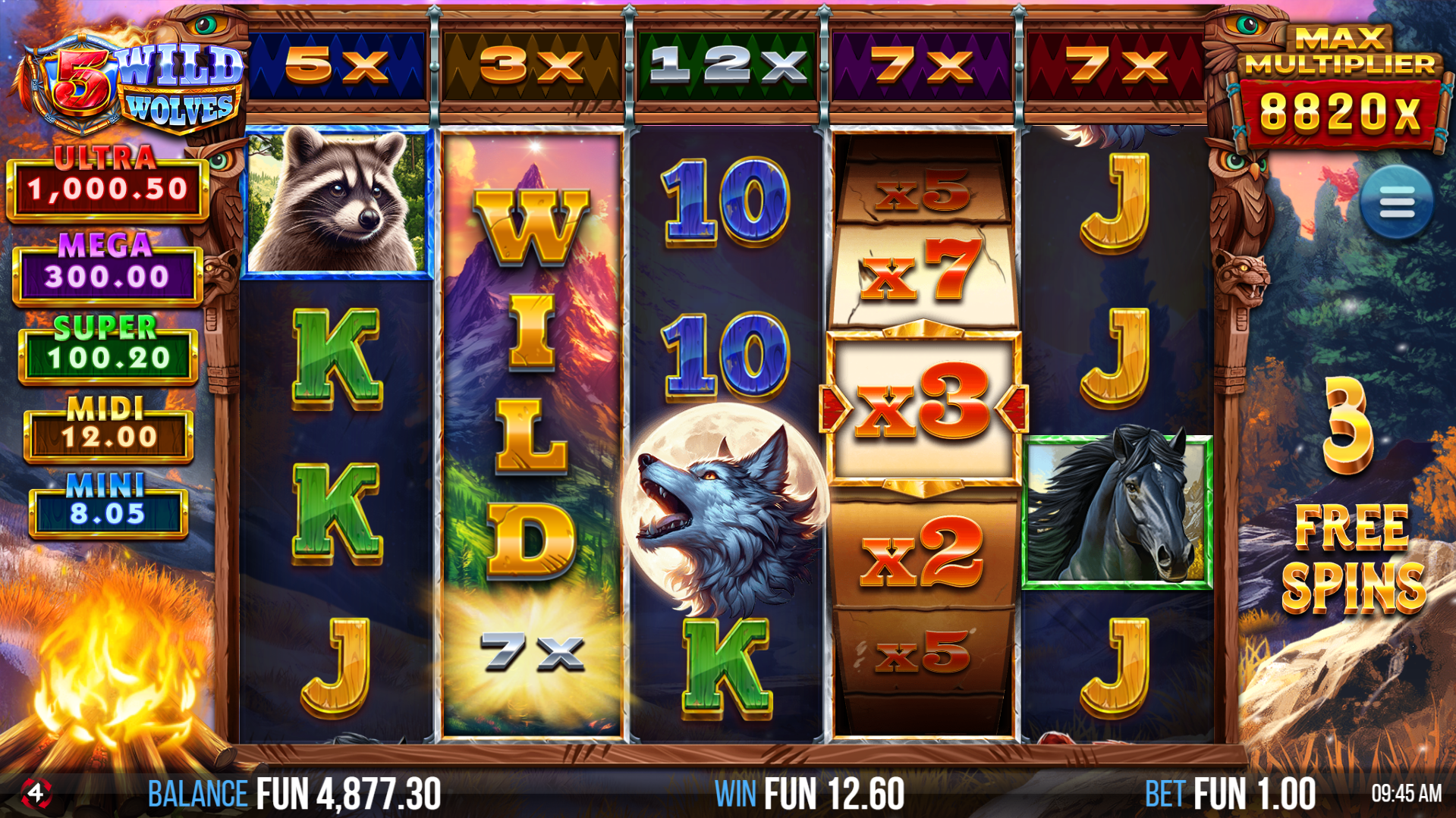 During Free Spins, Wild Symbols Landing on the Reels Adopt a Random Multiplier Alongside the Reel's Stacked Wolf Multiplier