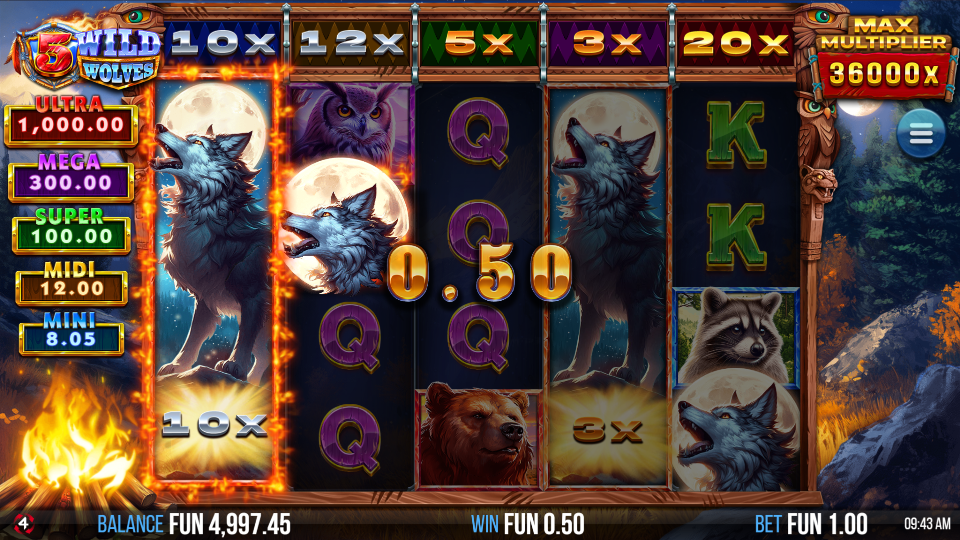 Landing a Stacked Wolf Symbol Awards the Reel's Wolf Stack Multiplier Value
