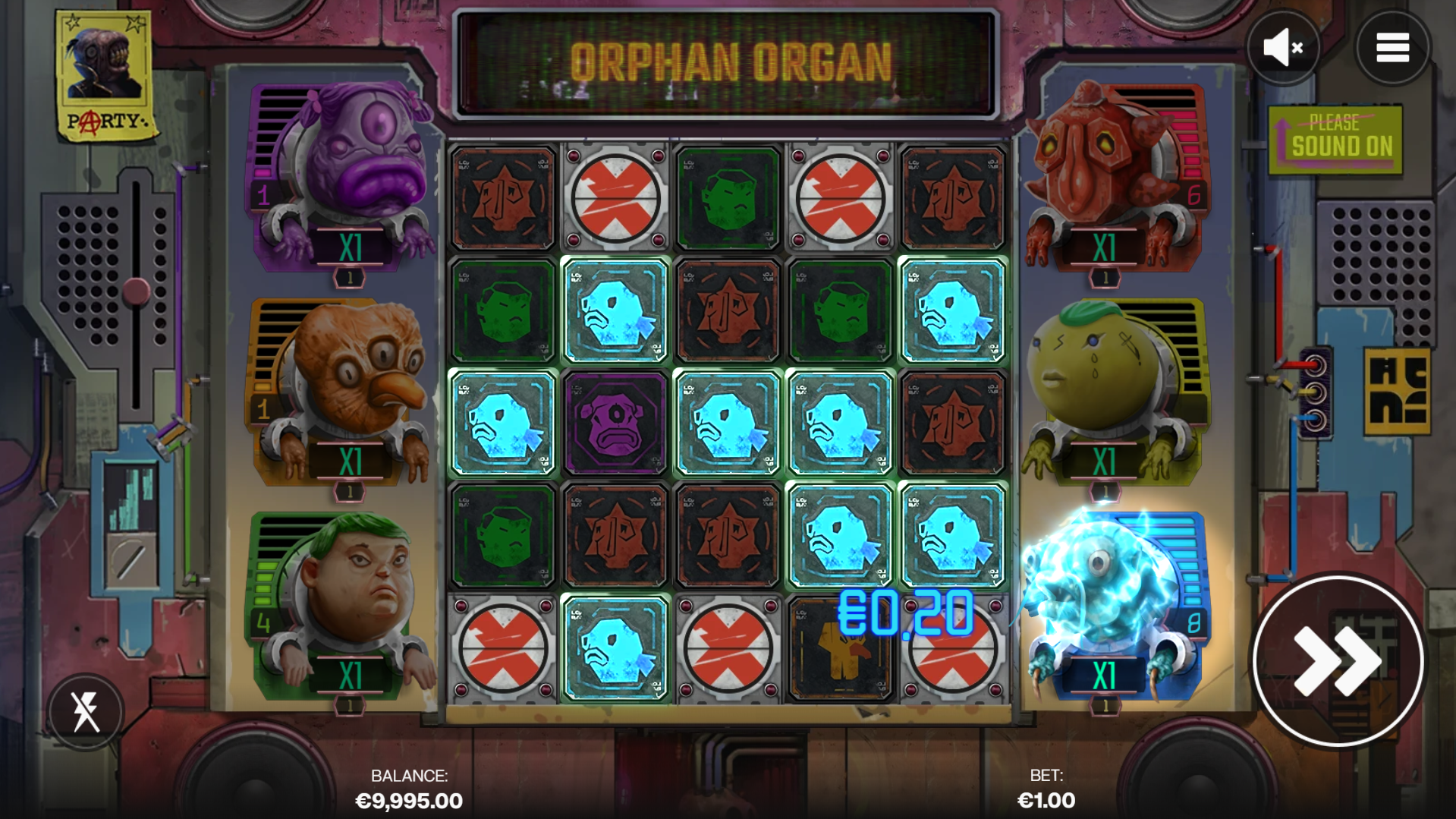 Fill up a Meter with 8 Matching Symbols to Win the Meter Value and Increase the Multiplier and Level