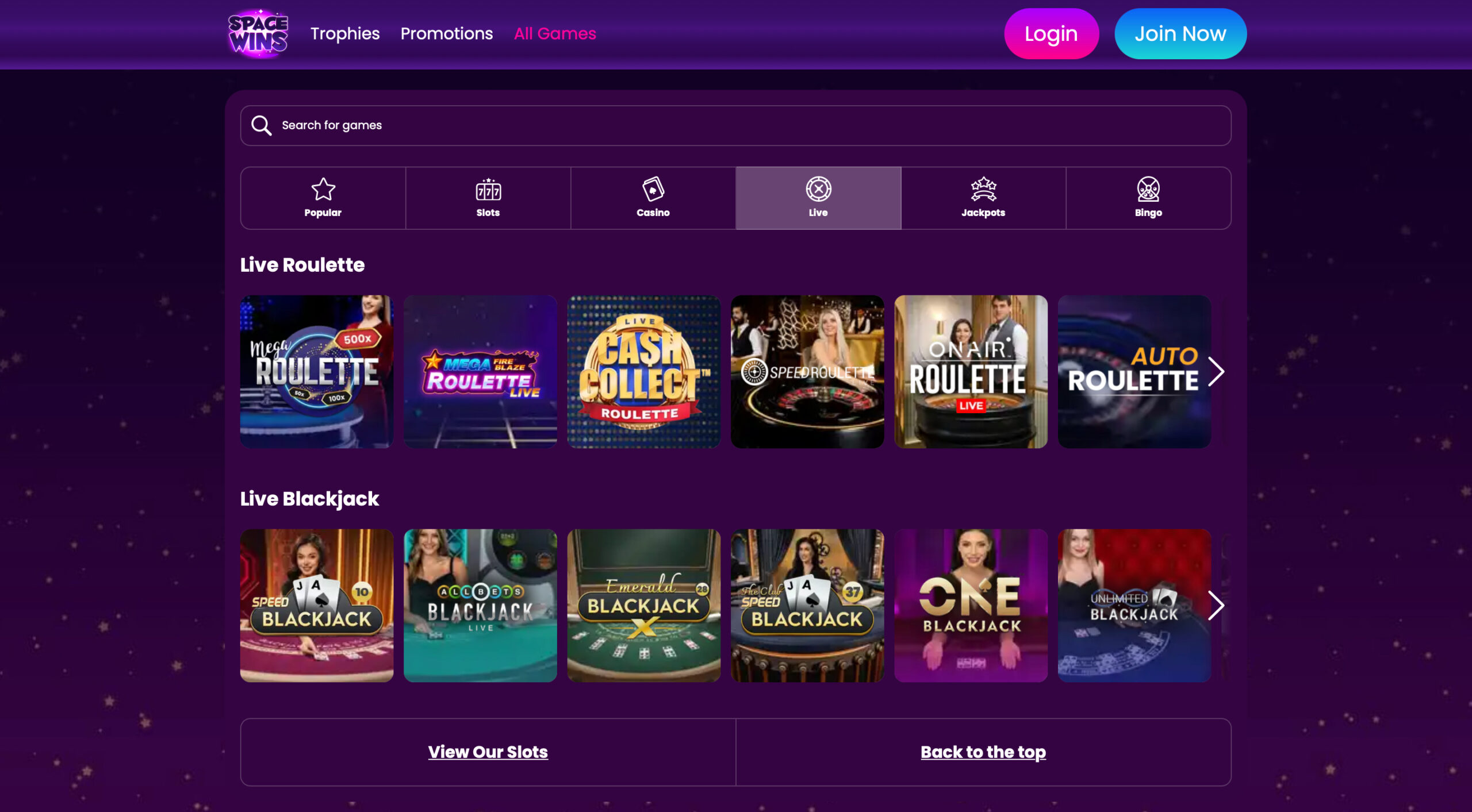 Space Wins Live Casino