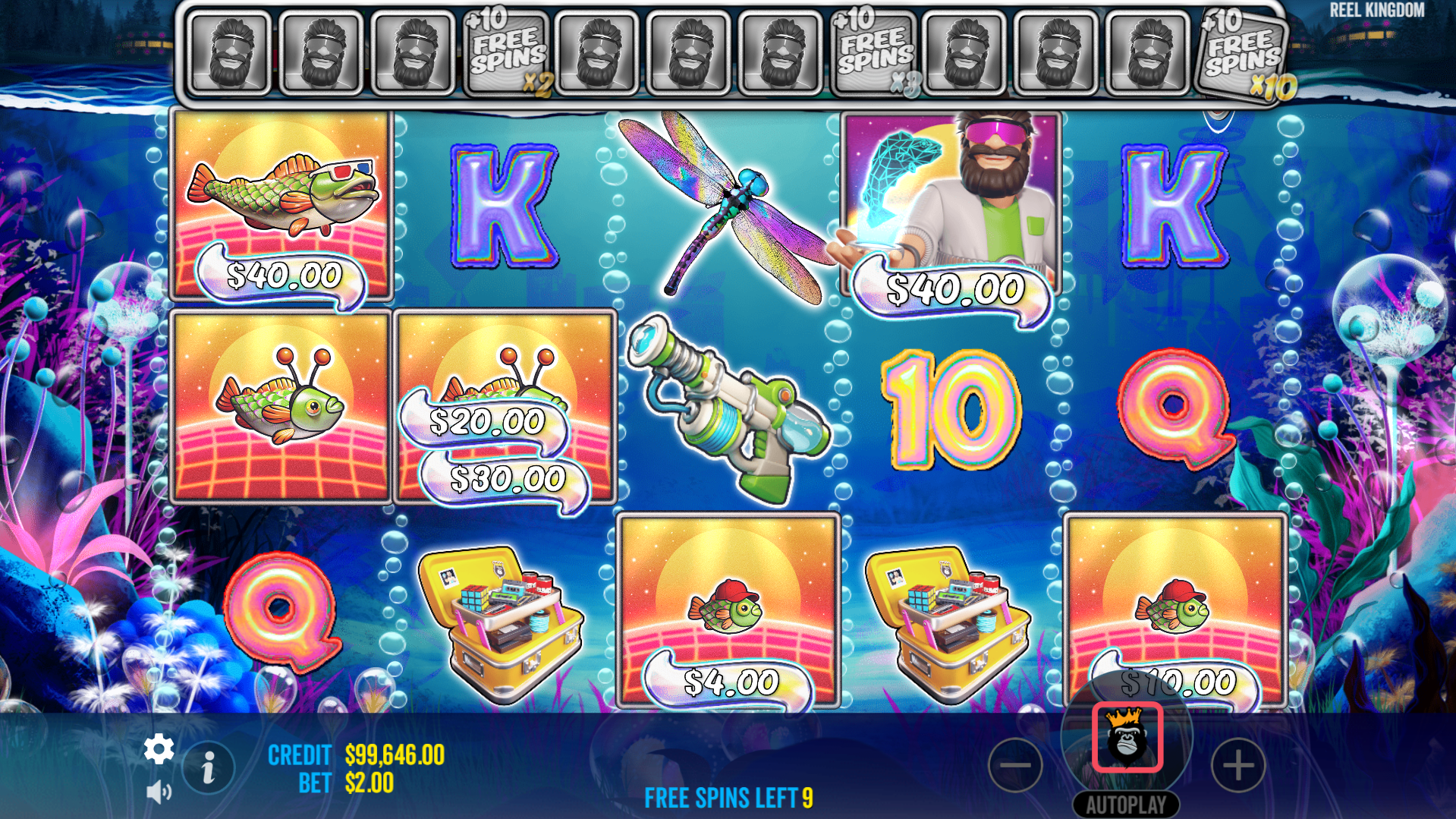 During Free Spins, Fisherman Wild Symbols Collect All Money Symbols on the Reels and Count Towards Retrigger Progression