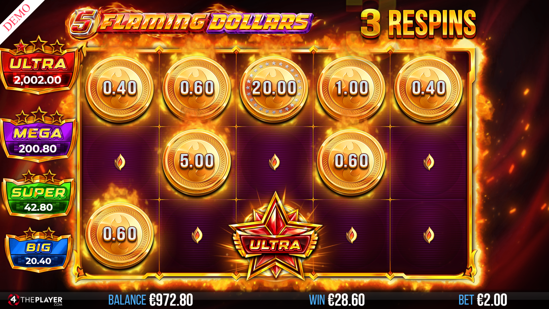 5 Flaming Dollars "Hot Respins" Play