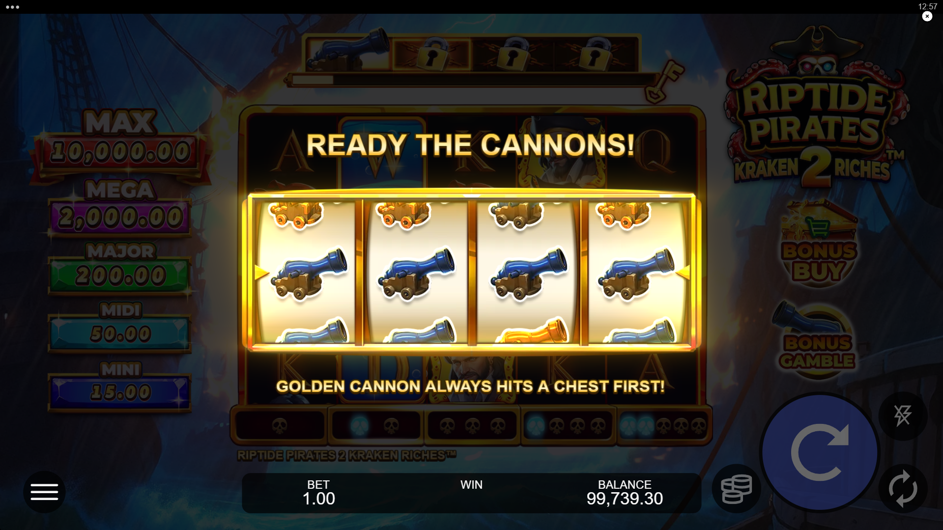 Land 3 Kraken Bonus Symbols to Trigger the Kraken Bonus, Beginning With Cannons Unlocked During Base Game Play