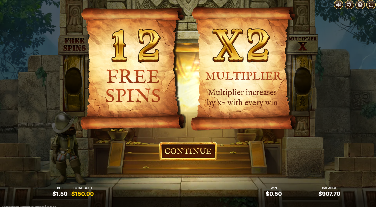 Gonzo's Quest 2 Free Spins Trigger Screen