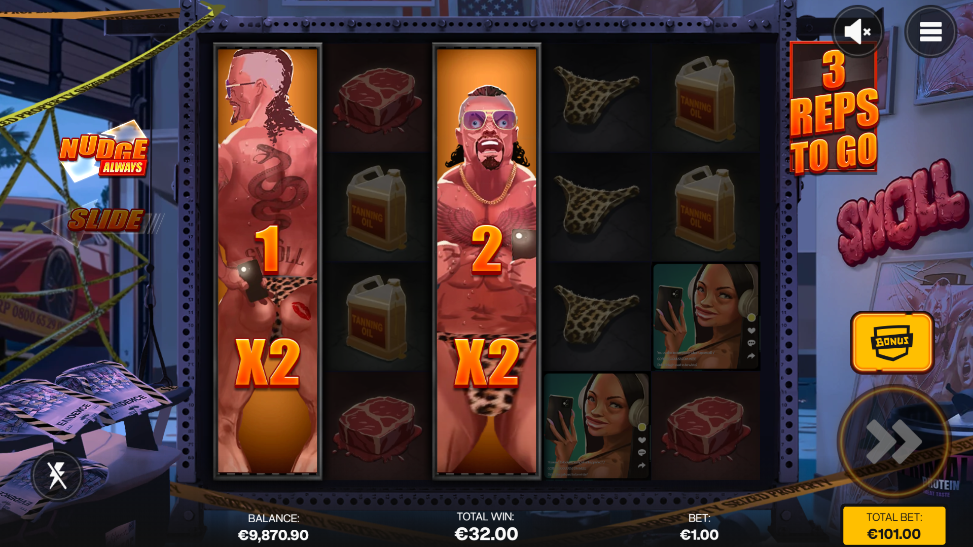 Trigger the Free Spins Bonus Round for Guarnteed Swoll Symbol Nudges and Activations