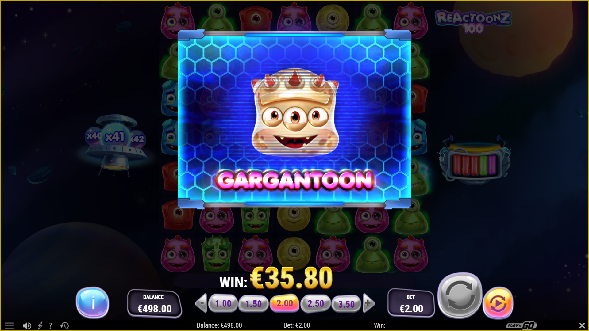 Fill the Quantum Charger Meter to Level 5 and Activate the Gargantoon Feature, Unleashing 3 Phases of Wild Symbols onto the Game Grid