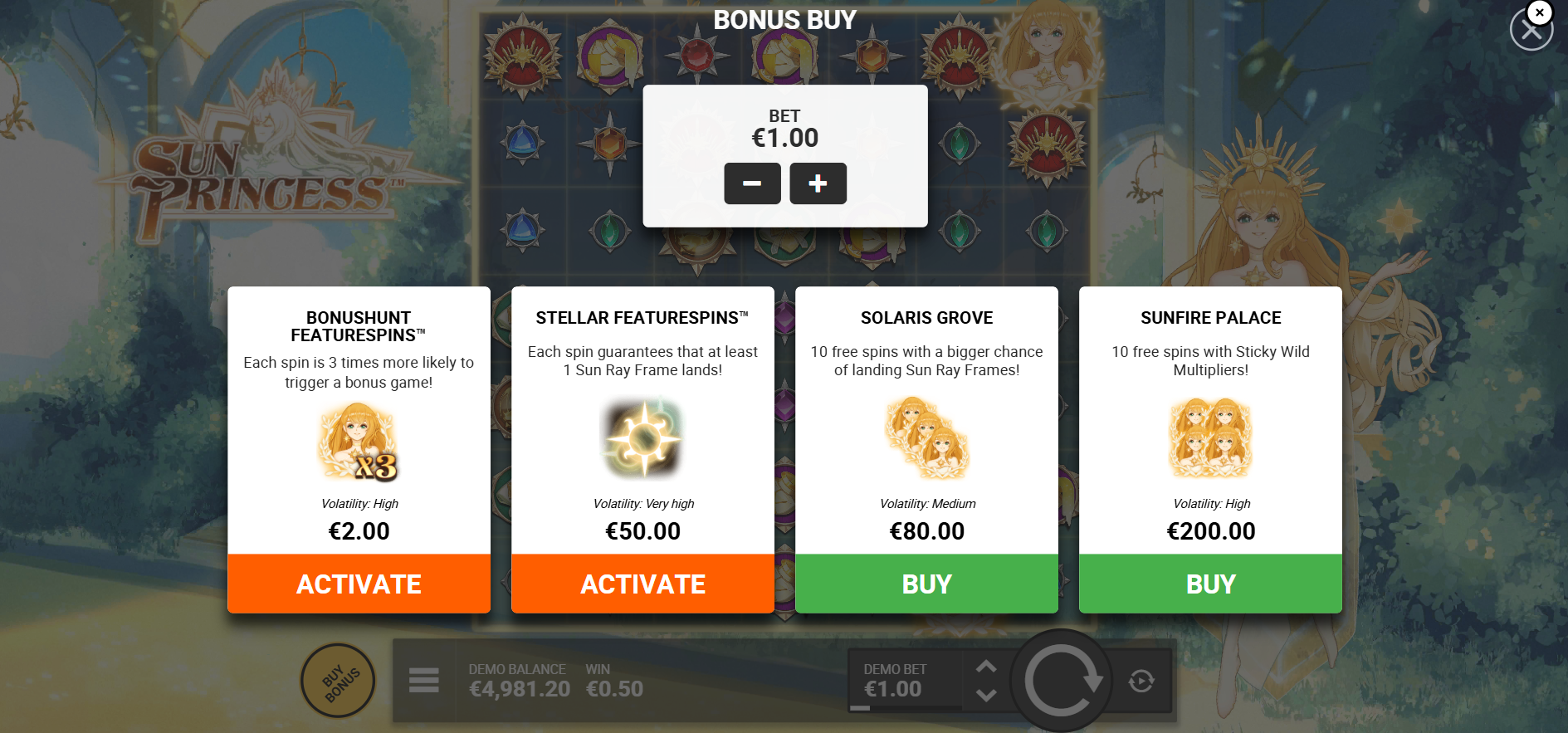 Sun Princess Featurespins & Bonus Buy Options