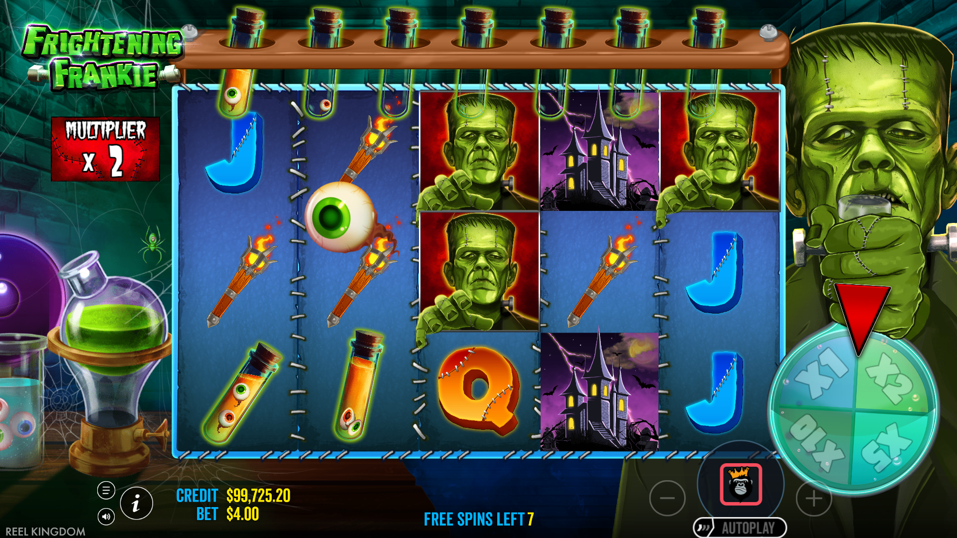 During the Monster trail Free Spins Bonus, Collect Test Tube Symbols for Additional Spins and Increased Win Multipliers